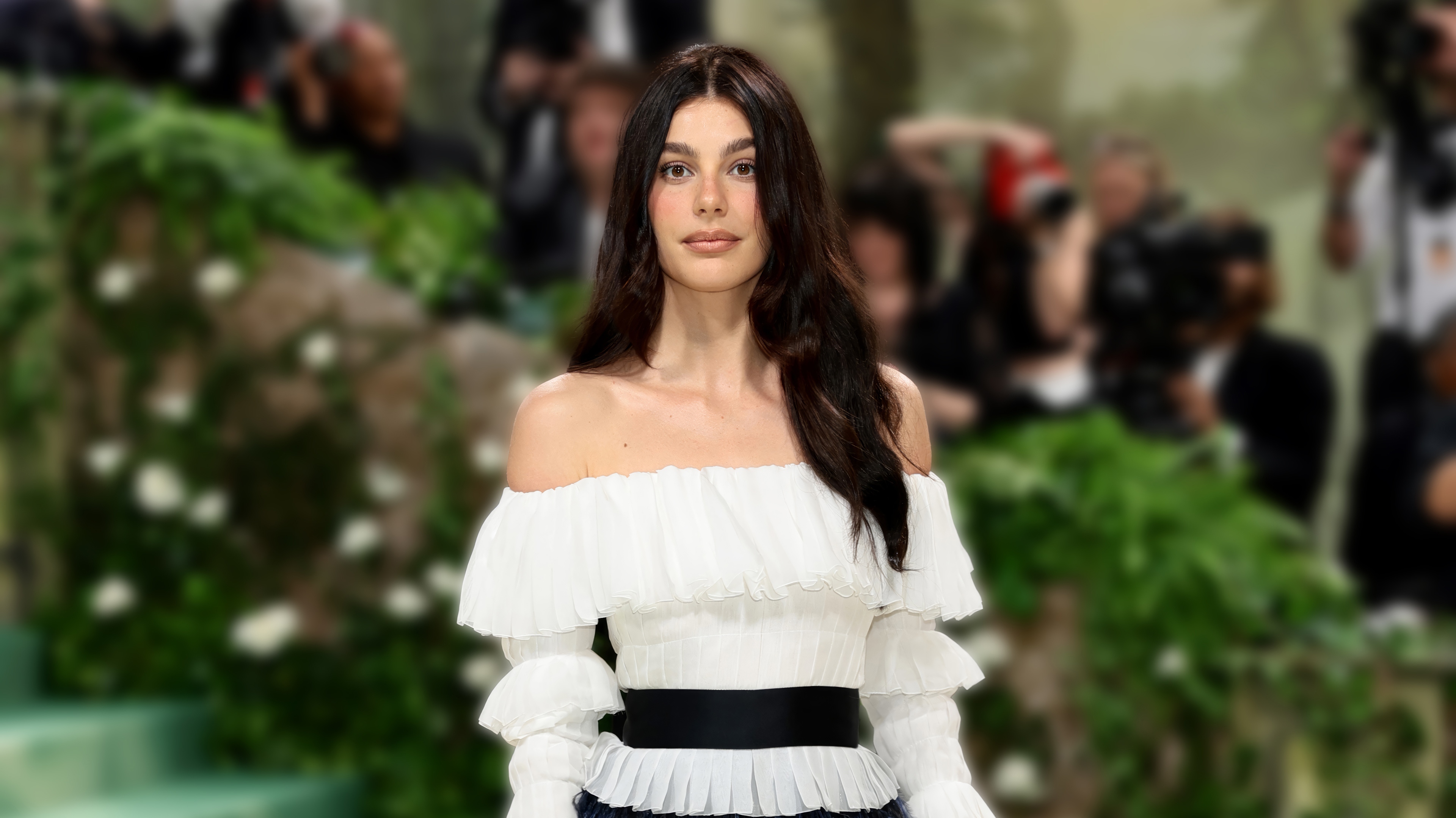 Camila Morrone in a white off-the-shoulder top HD Wallpaper