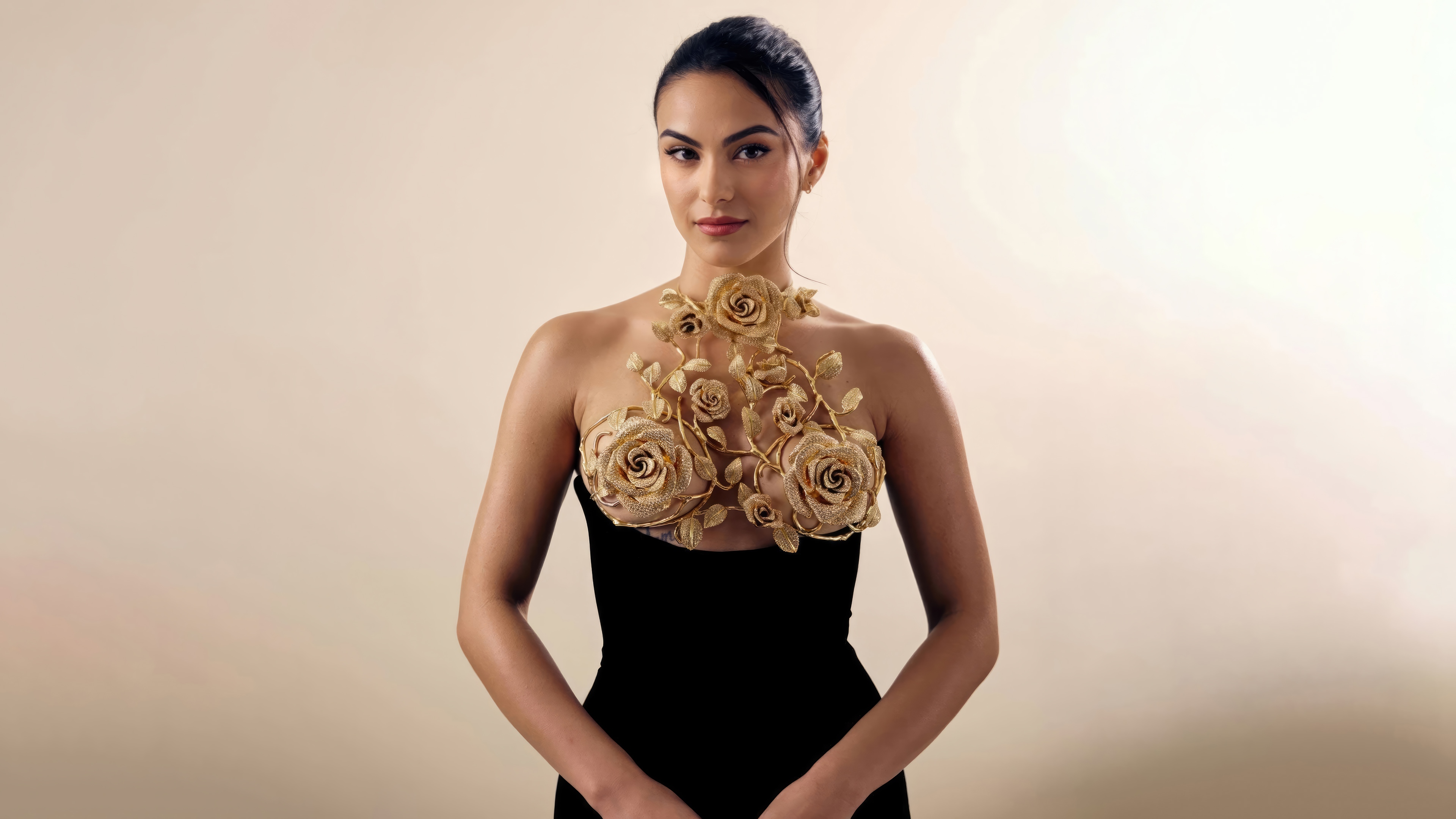 Camila Mendes in a black dress with floral embellishments HD Wallpaper