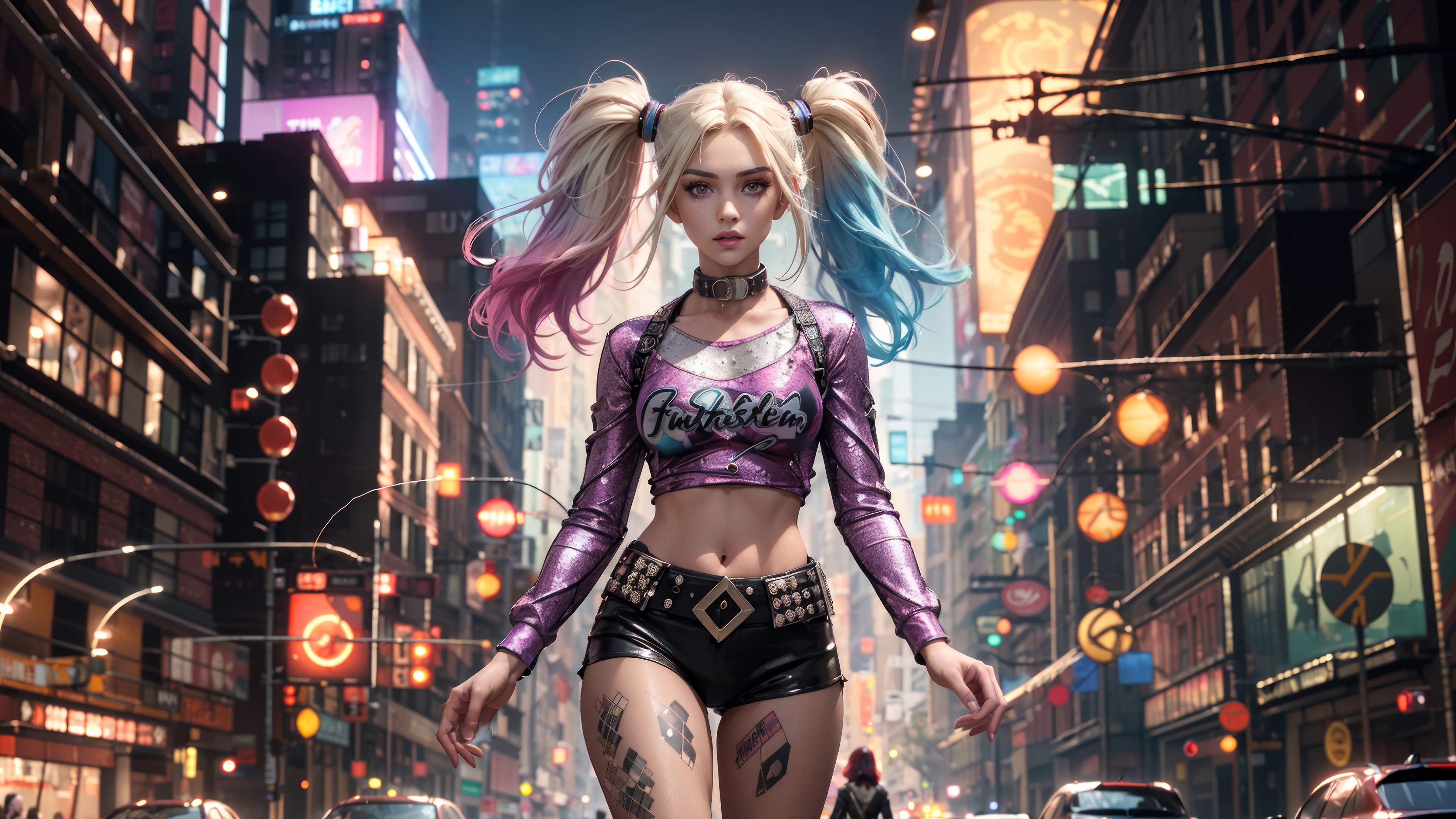 Harley Quinn in a neon-lit city street 4K HD Wallpaper