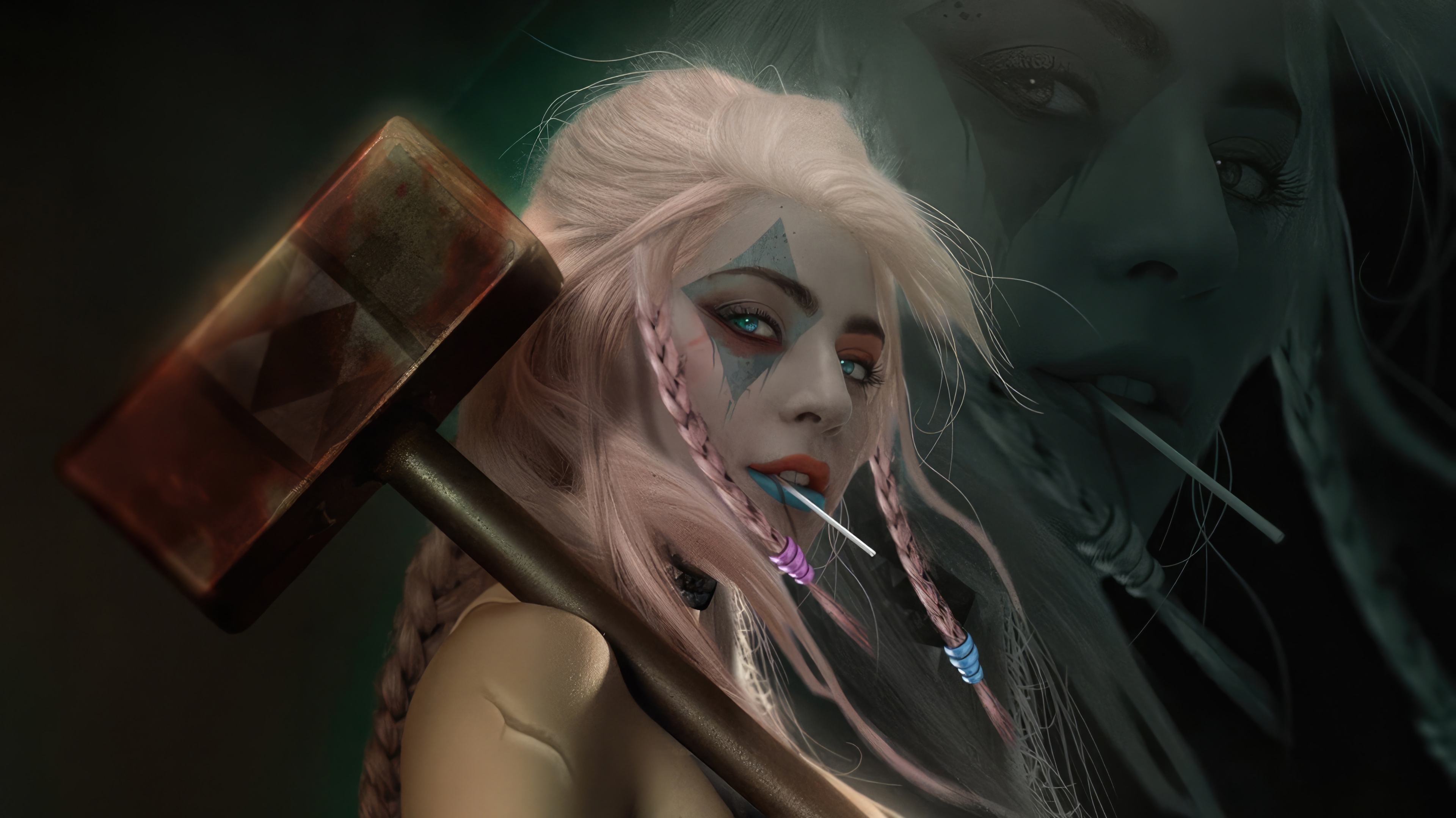 Harley Quinn with a hammer and lollipop 4K HD Wallpaper