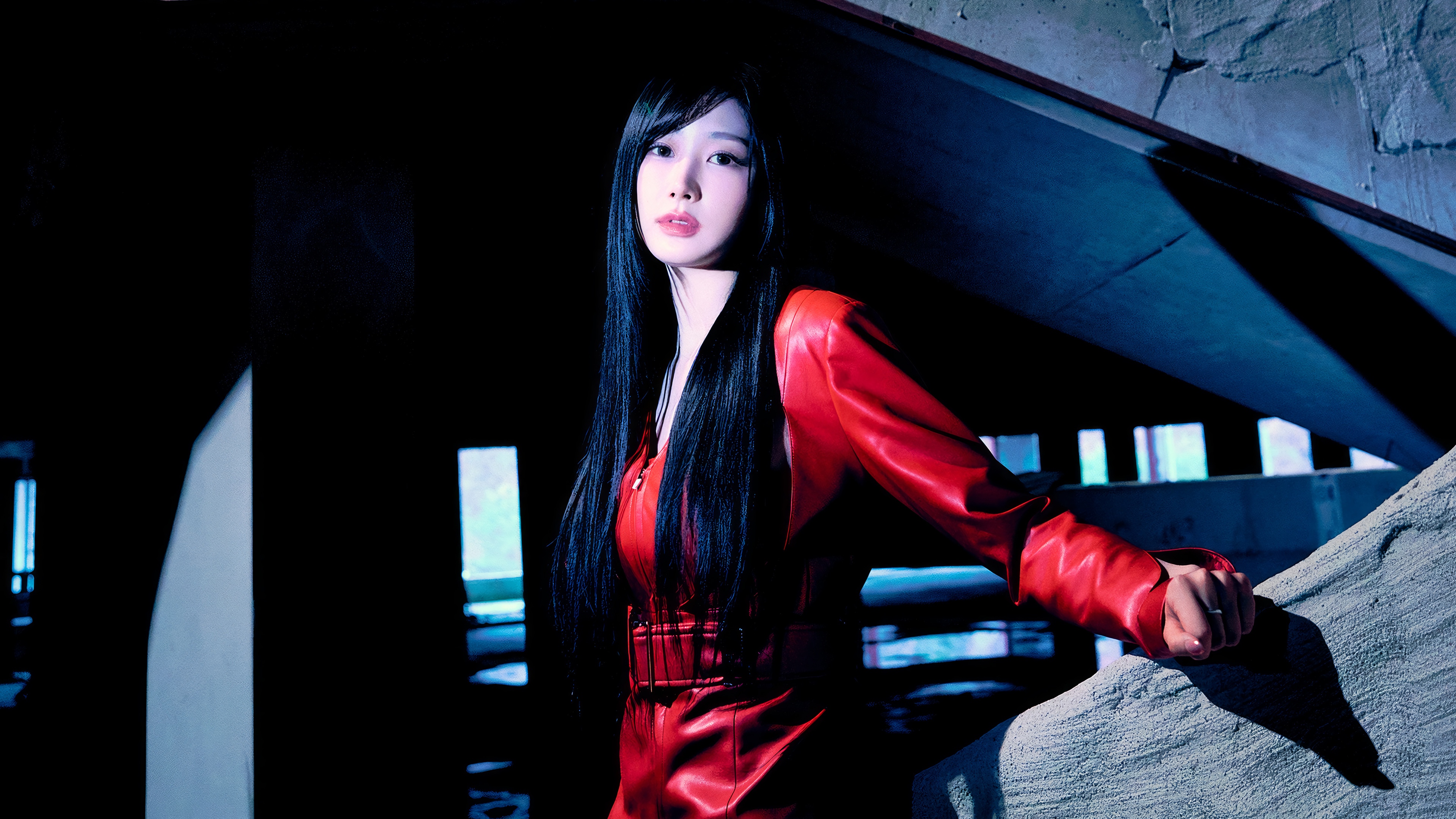 Giselle from Aespa in a red outfit HD Wallpaper