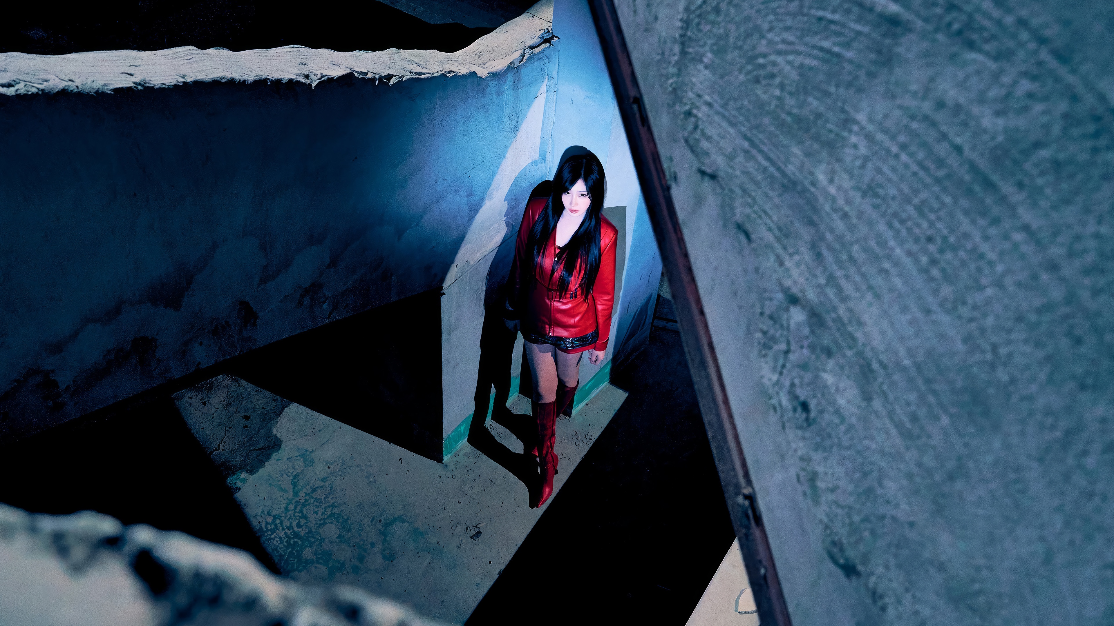 Giselle from Aespa in a red outfit in a dark hallway HD Wallpaper