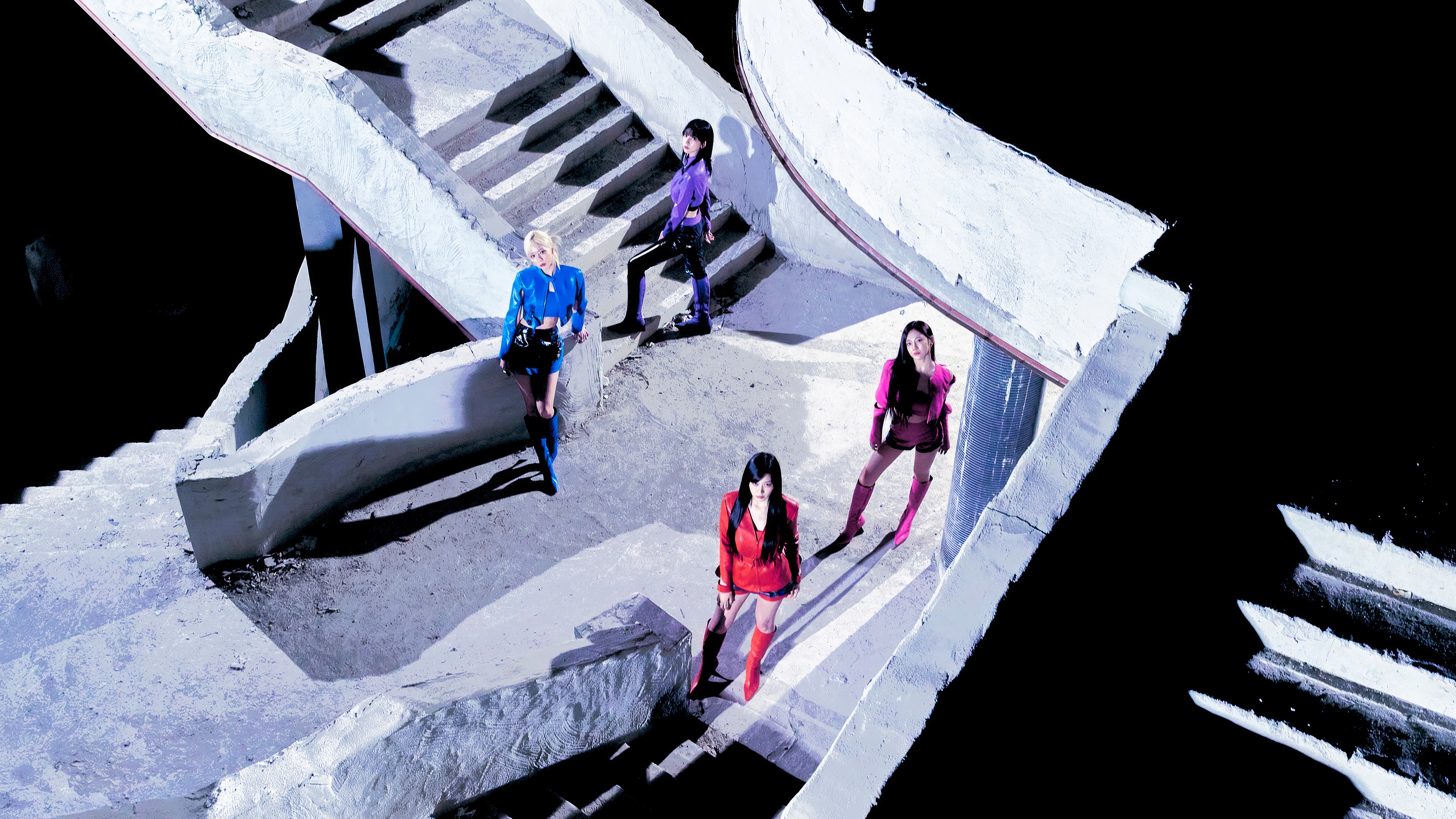 Aespa members on a concrete staircase HD Wallpaper