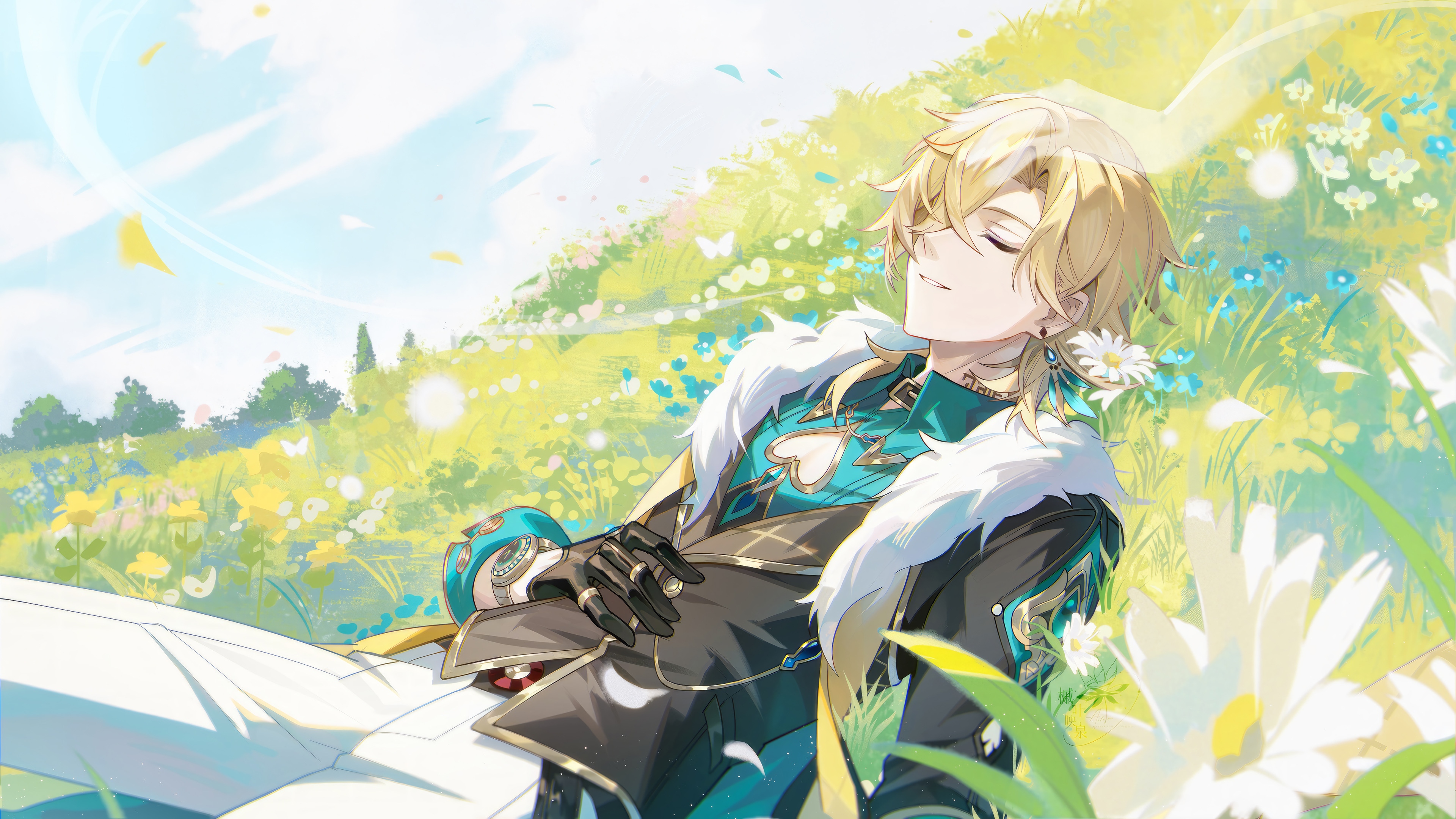 Aventurine from Honkai: Star Rail resting in a field HD Wallpaper