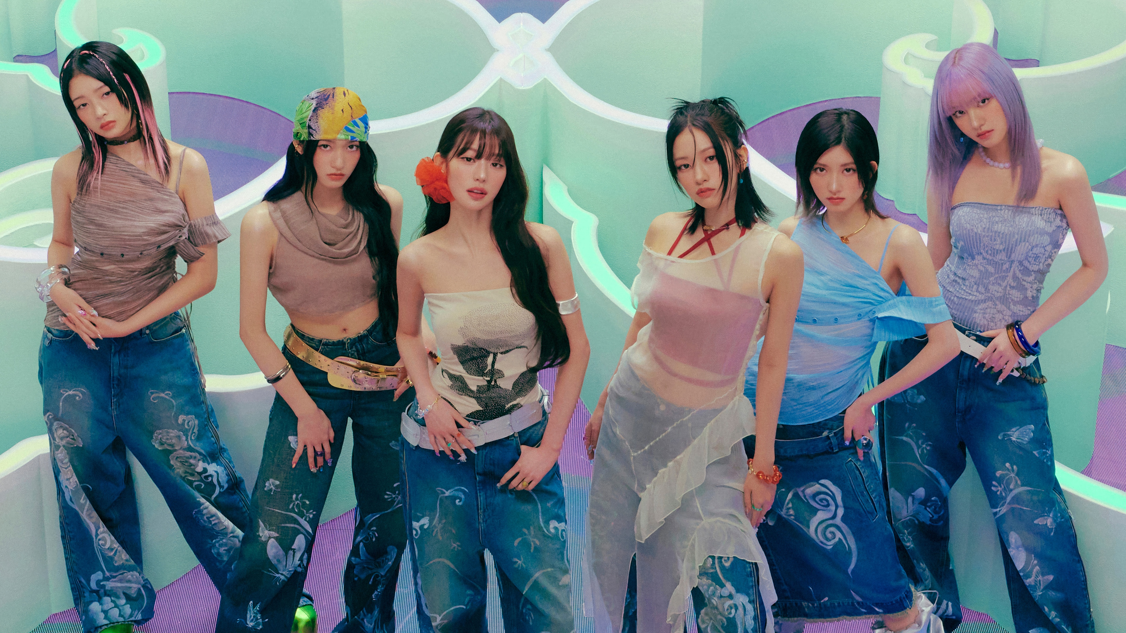 IVE members in colorful outfits and jeans HD Wallpaper