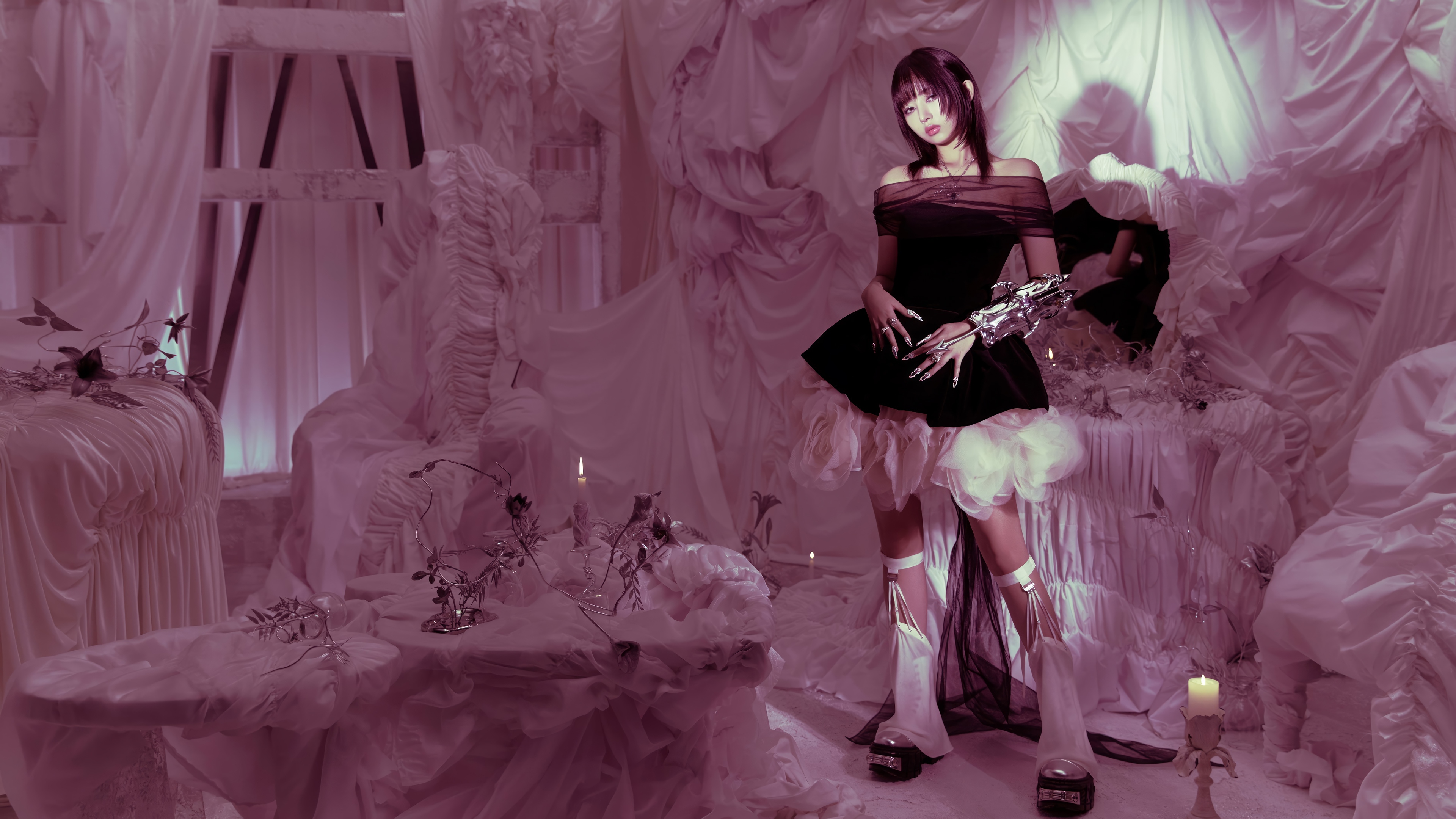 Rei from IVE in a dark dress with white accents HD Wallpaper