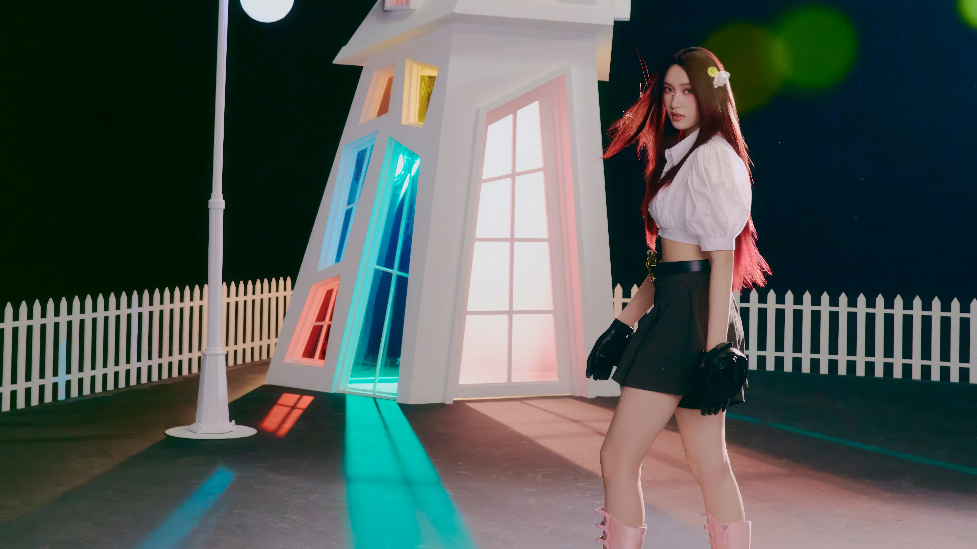 IVE Leeseo in a stylized setting with colorful lights HD Wallpaper