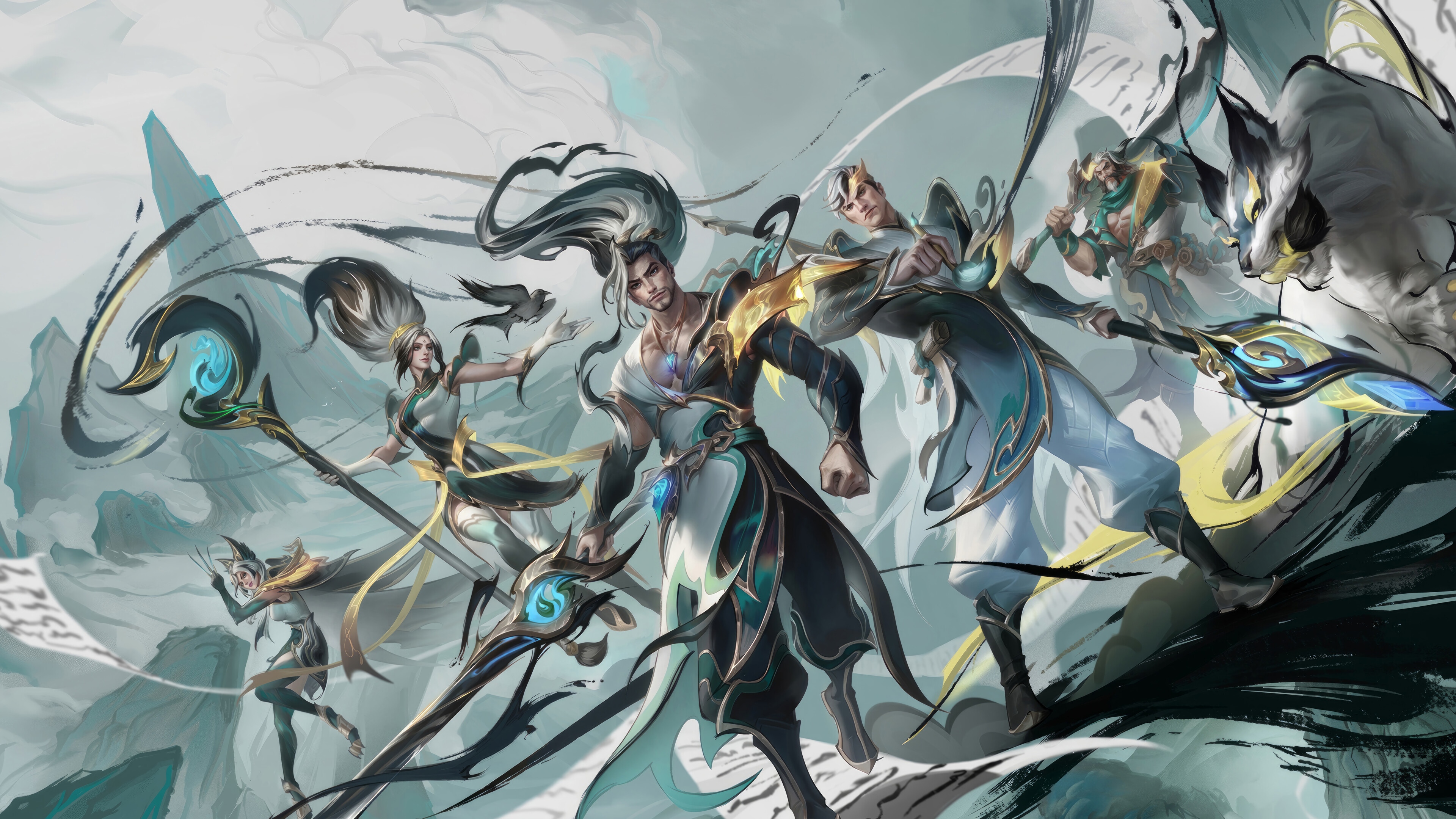 League of Legends Splash Art with Yasuo, Jarvan IV, Janna, Tryndamere, Xayah HD Wallpaper
