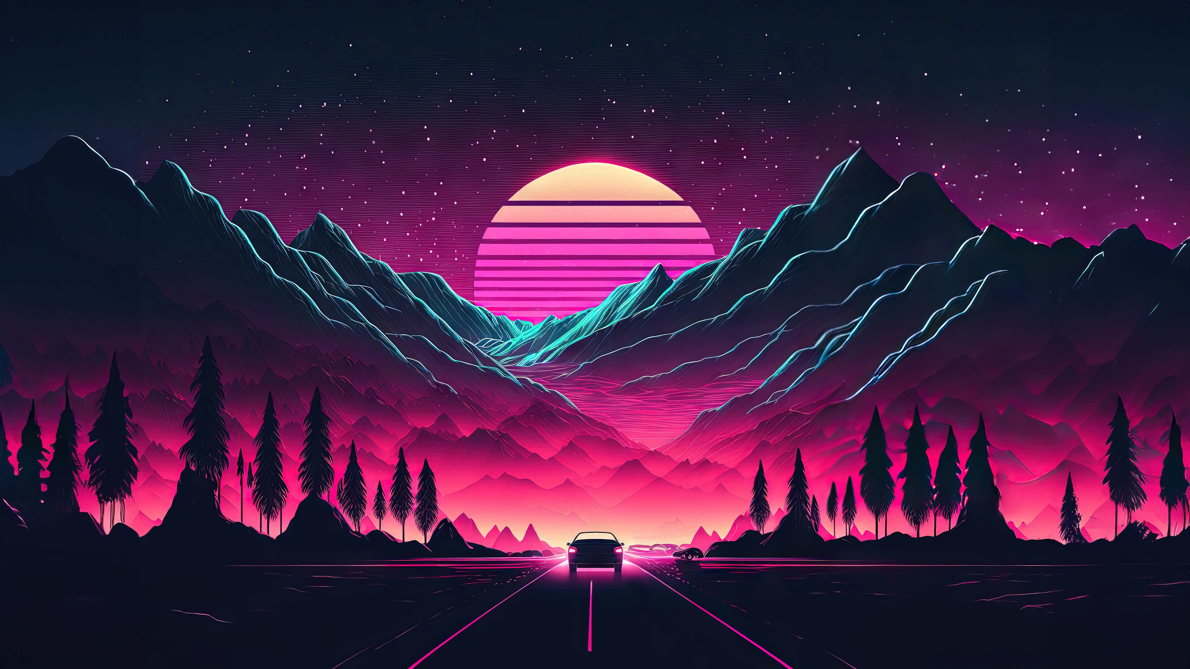 Retrowave Car Driving Through Mountains at Sunset HD Wallpaper