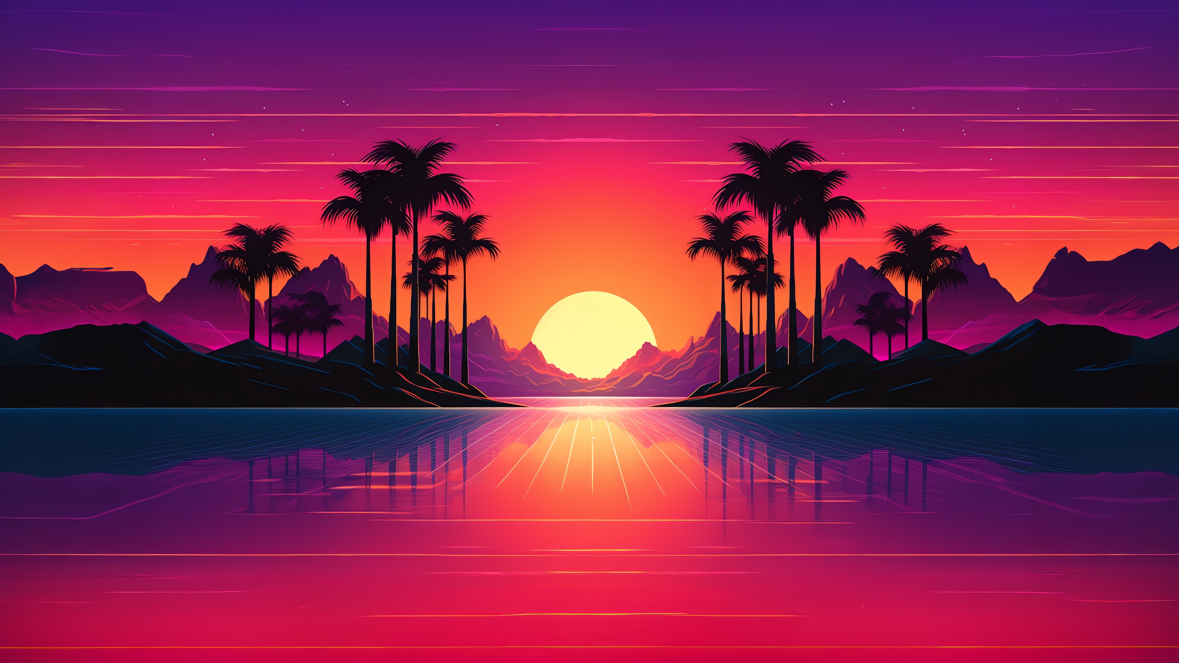 Retrowave Sunset with Palm Trees and Mountains 4K HD Wallpaper