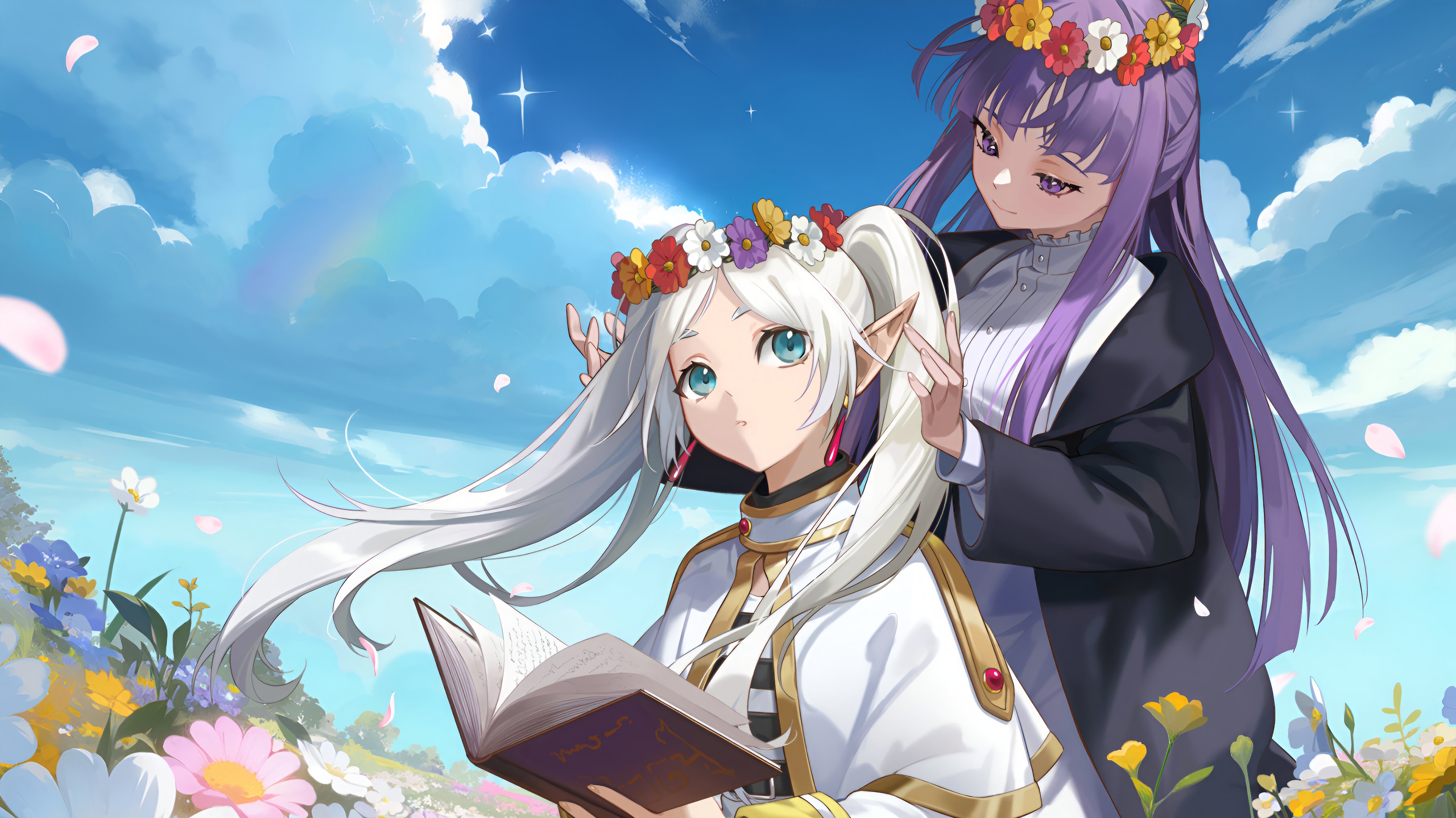 Frieren and Fern with Flower Crowns in a Field HD Wallpaper