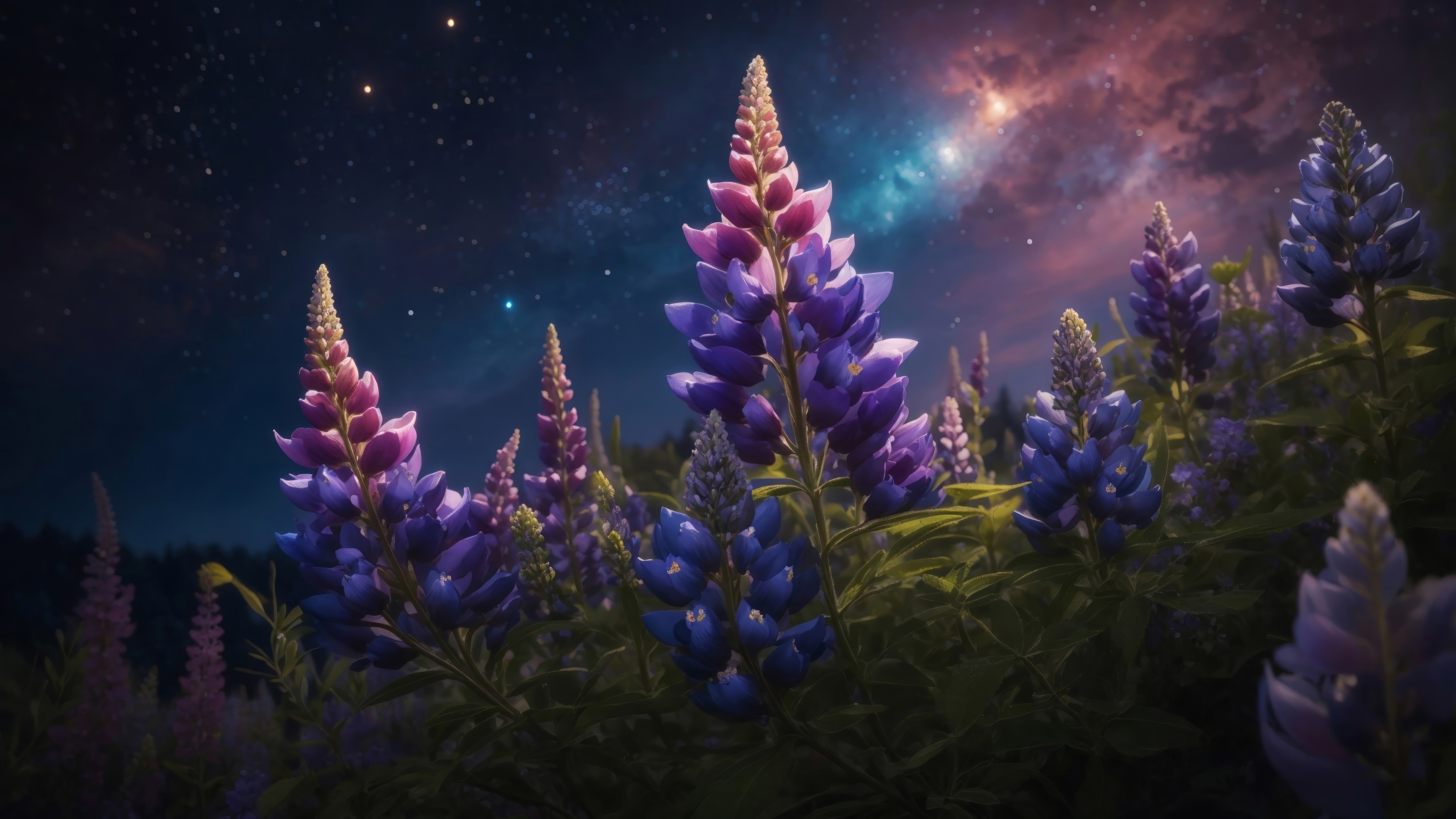 Purple and Pink Lupine Flowers Under a Starry Night Sky HD Wallpaper