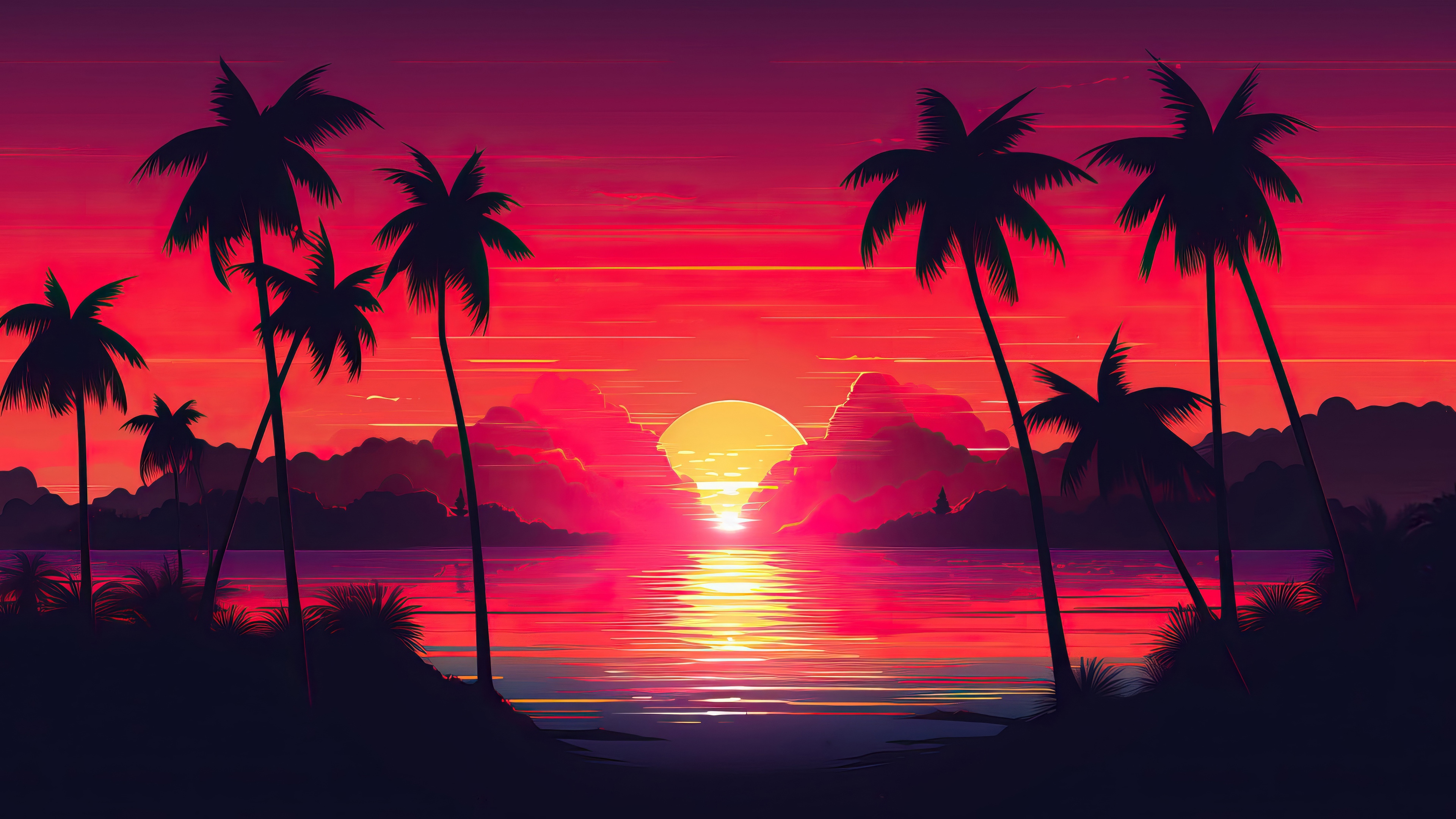 Sunset over the ocean with palm trees, 4K HD Wallpaper