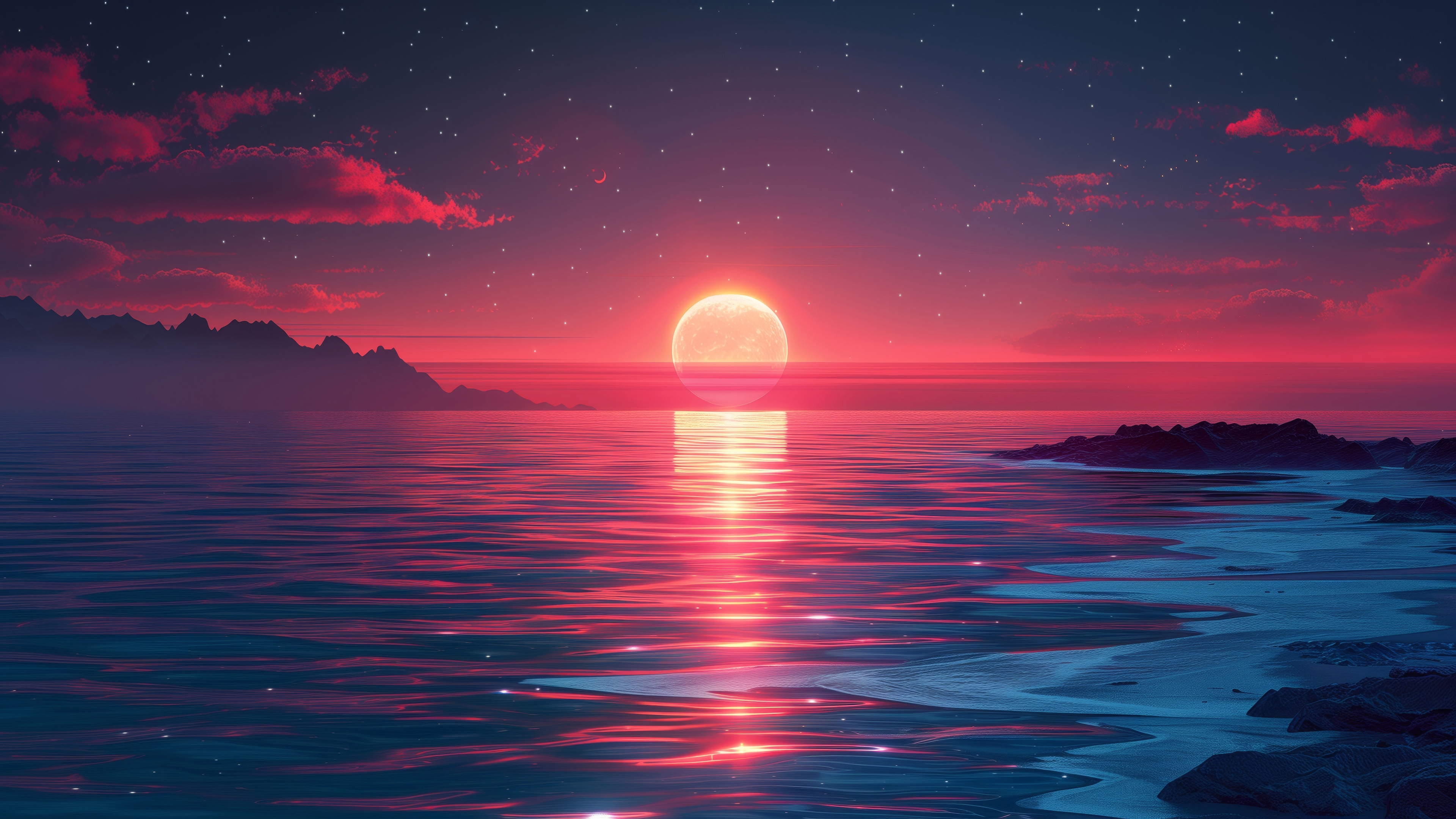 Sunset over the ocean with mountains and stars HD Wallpaper