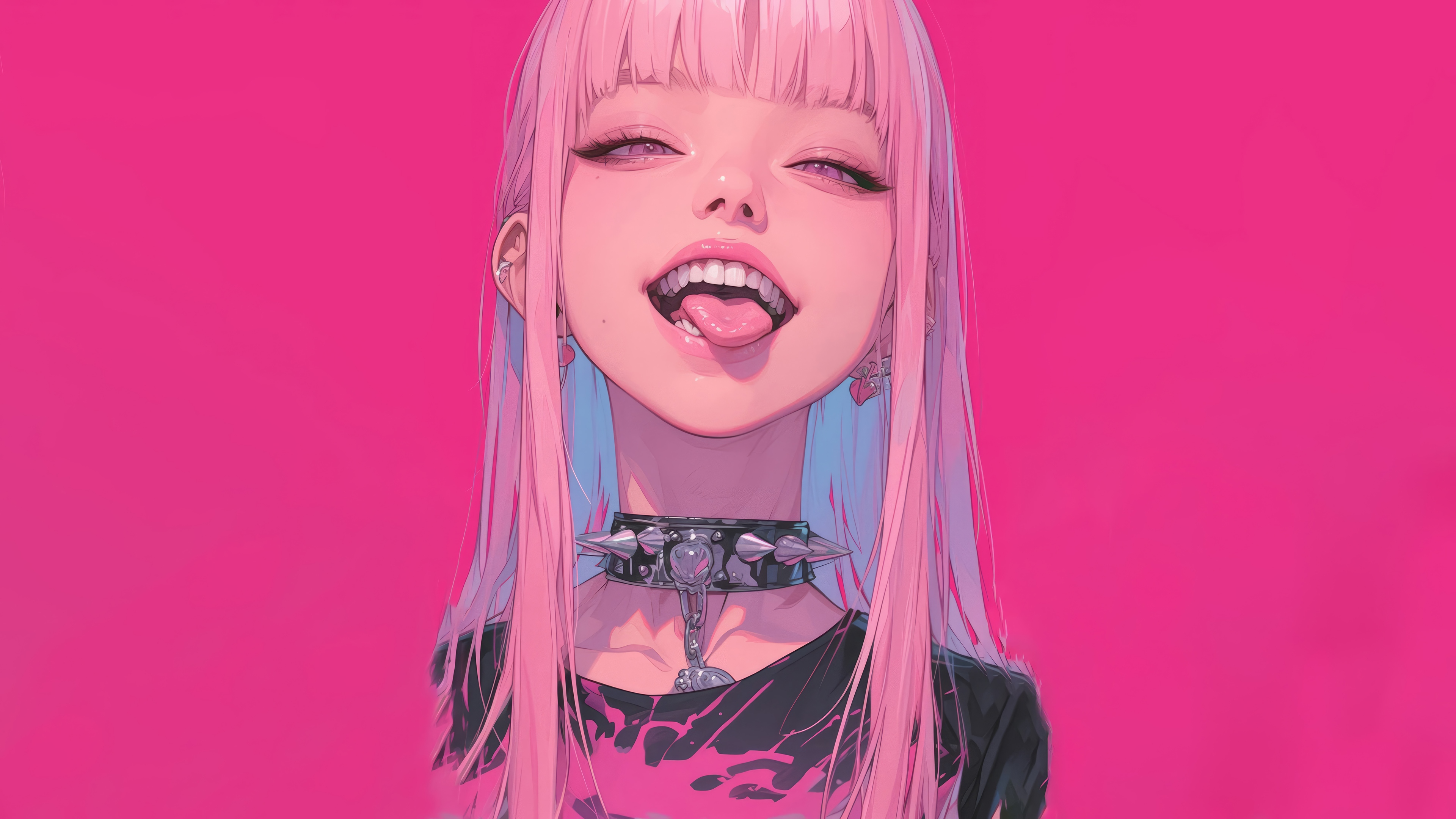 Anime Girl with Pink Hair and Spiked Collar 4K HD Wallpaper