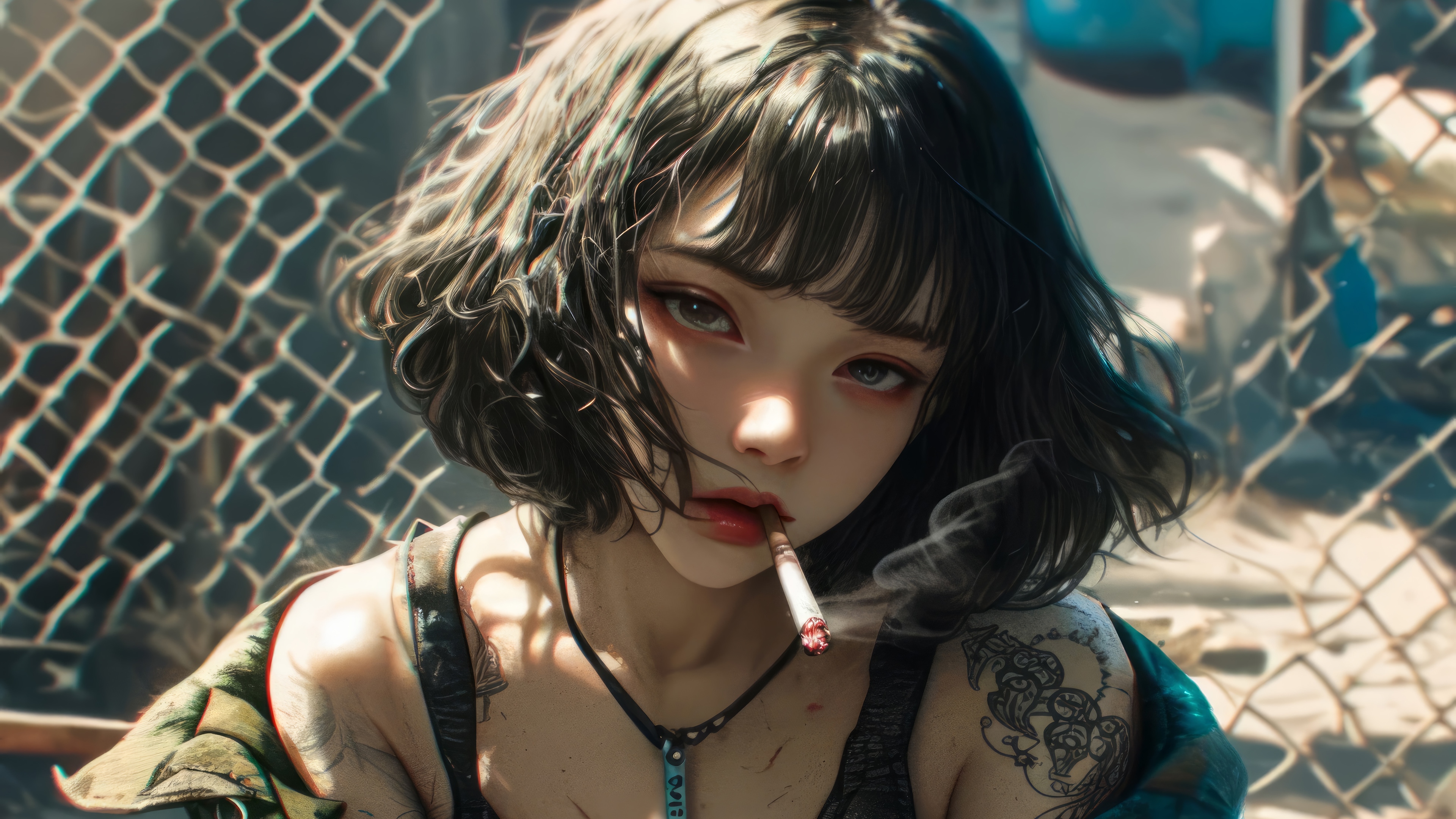 Anime Girl Smoking with Short Hair in 4K HD Wallpaper