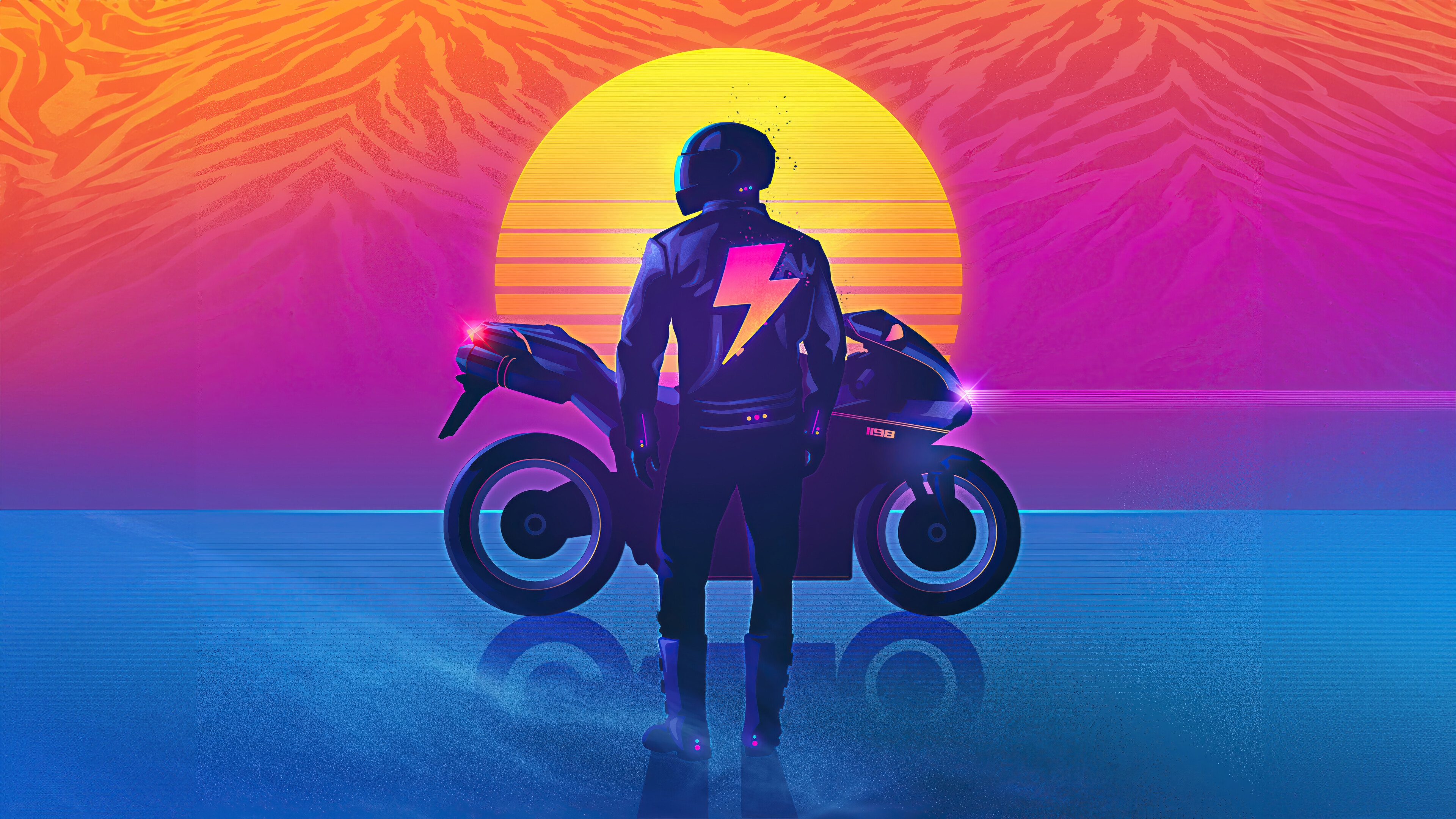 Biker with Motorcycle in Outrun Sunset 4K HD Wallpaper