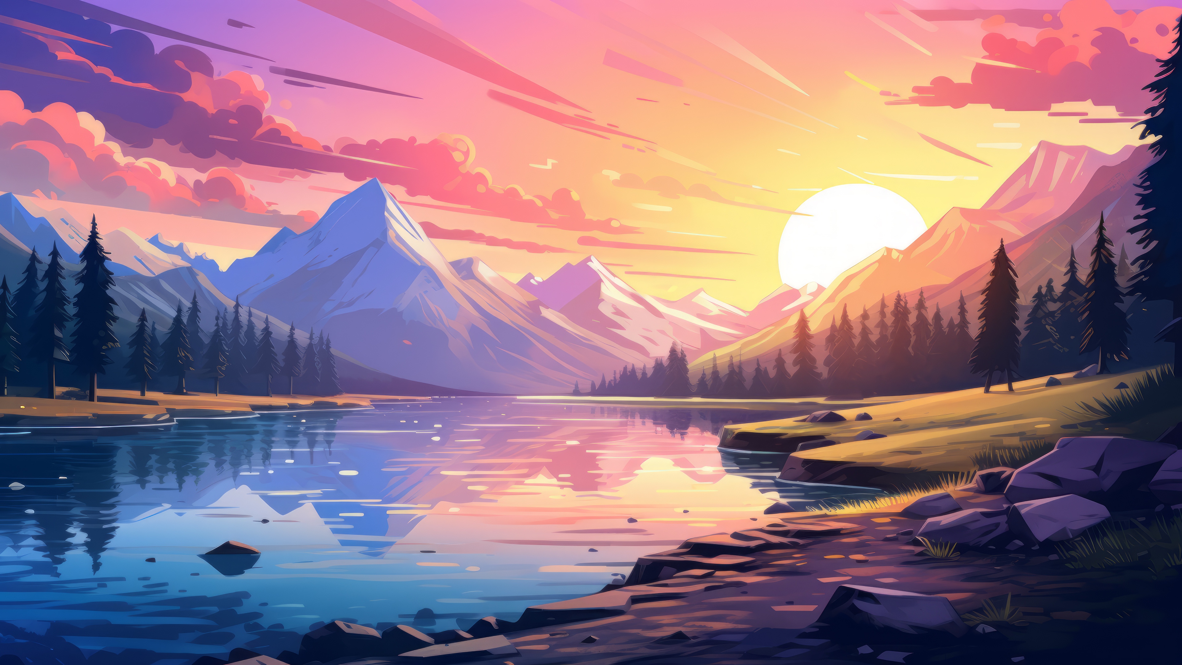 Sunrise over a mountain lake 4K HD Wallpaper