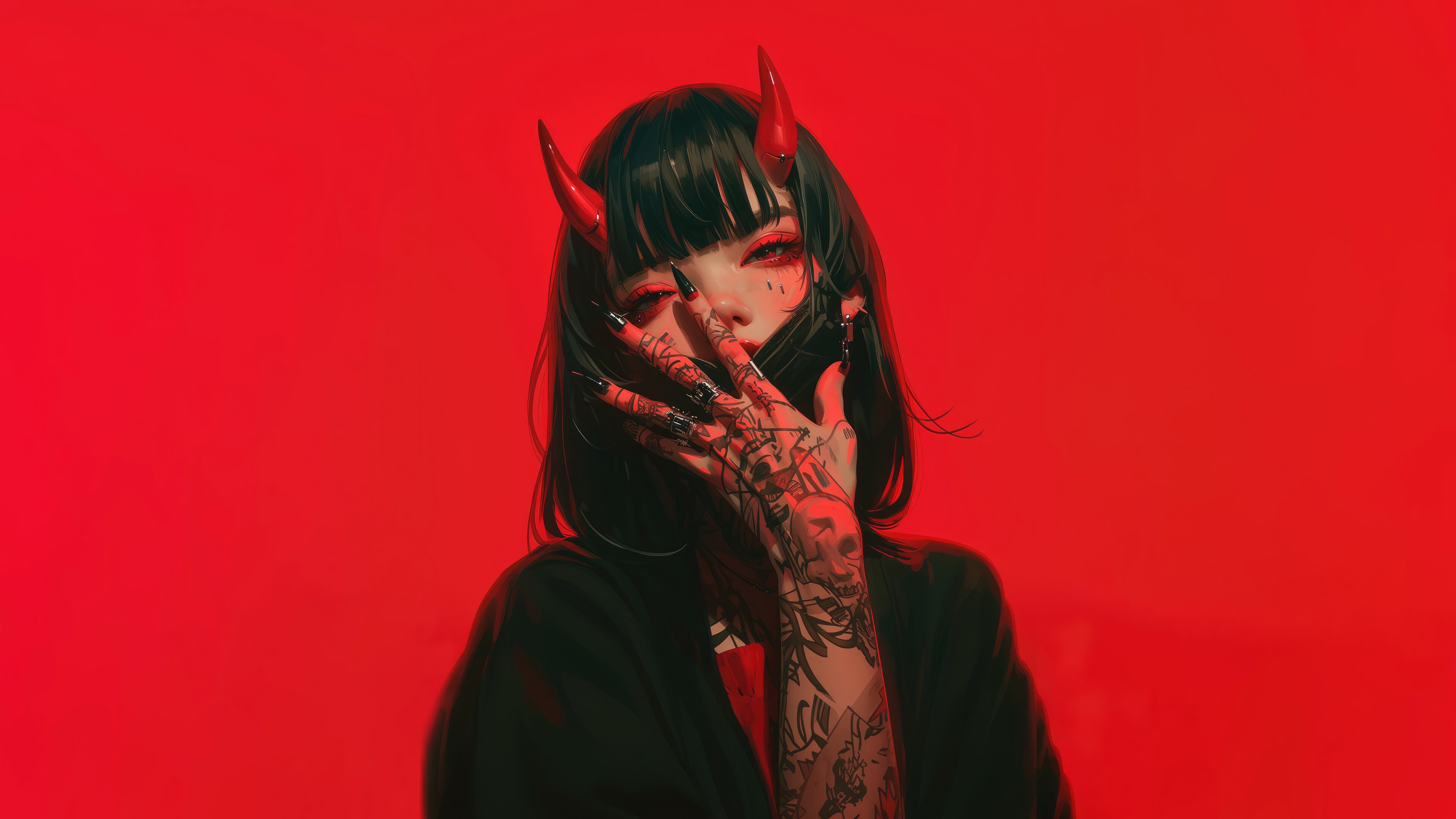 Anime Demon Girl with Horns and Tattoos 4K HD Wallpaper