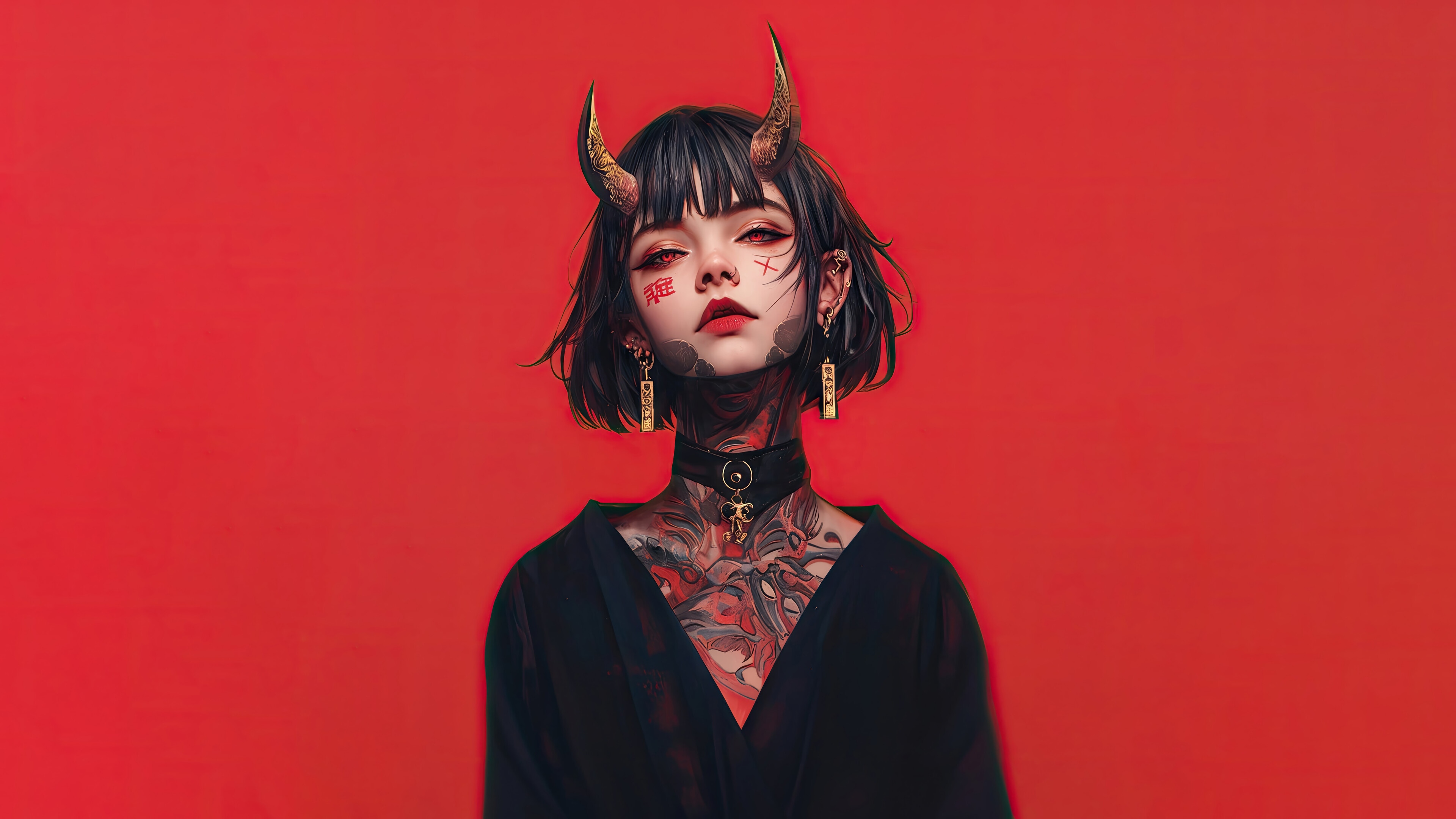 Anime Demon Girl with Tattoos and Horns 4K HD Wallpaper