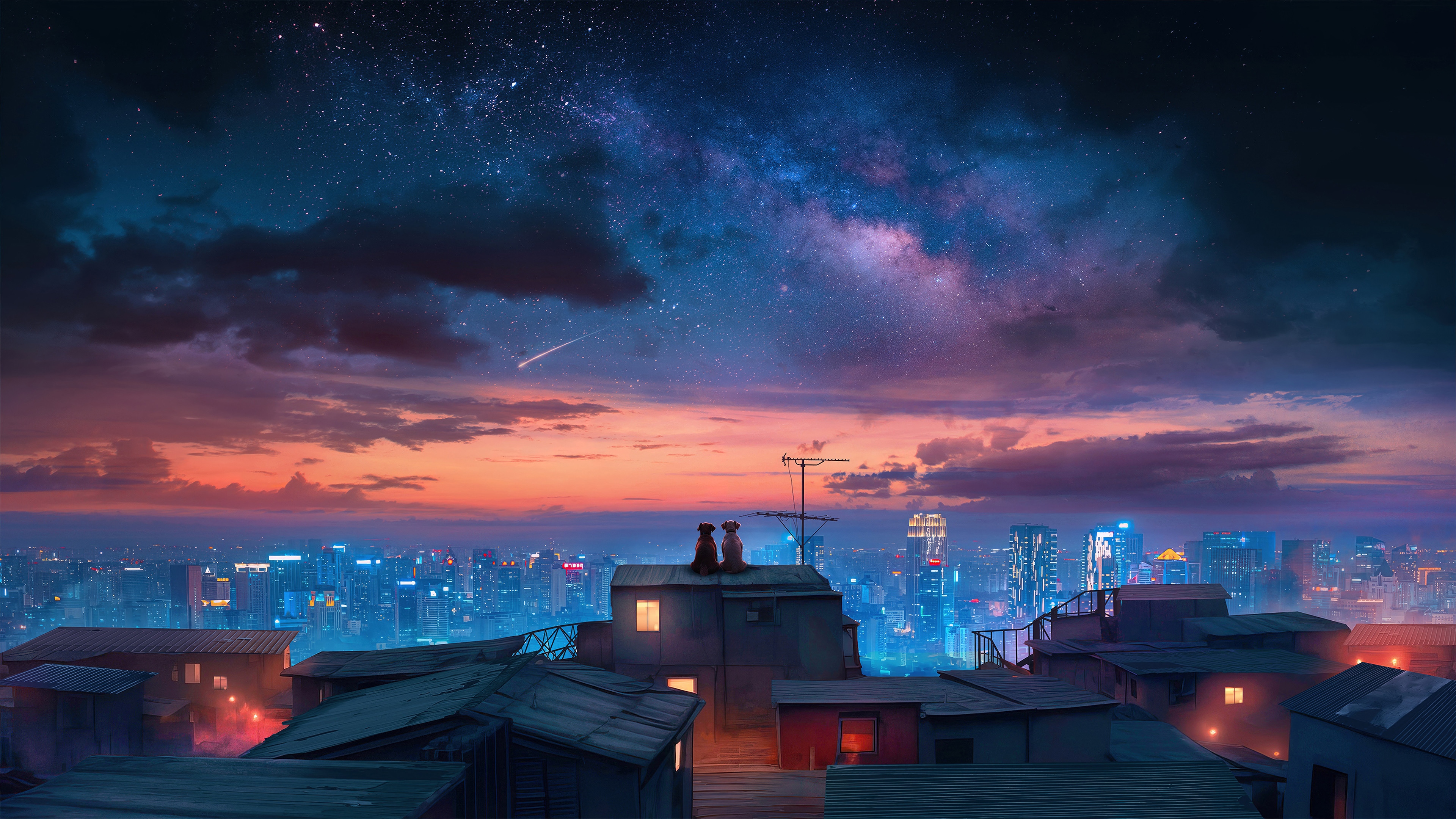 Two Dogs on a Rooftop Under the Milky Way 4K HD Wallpaper