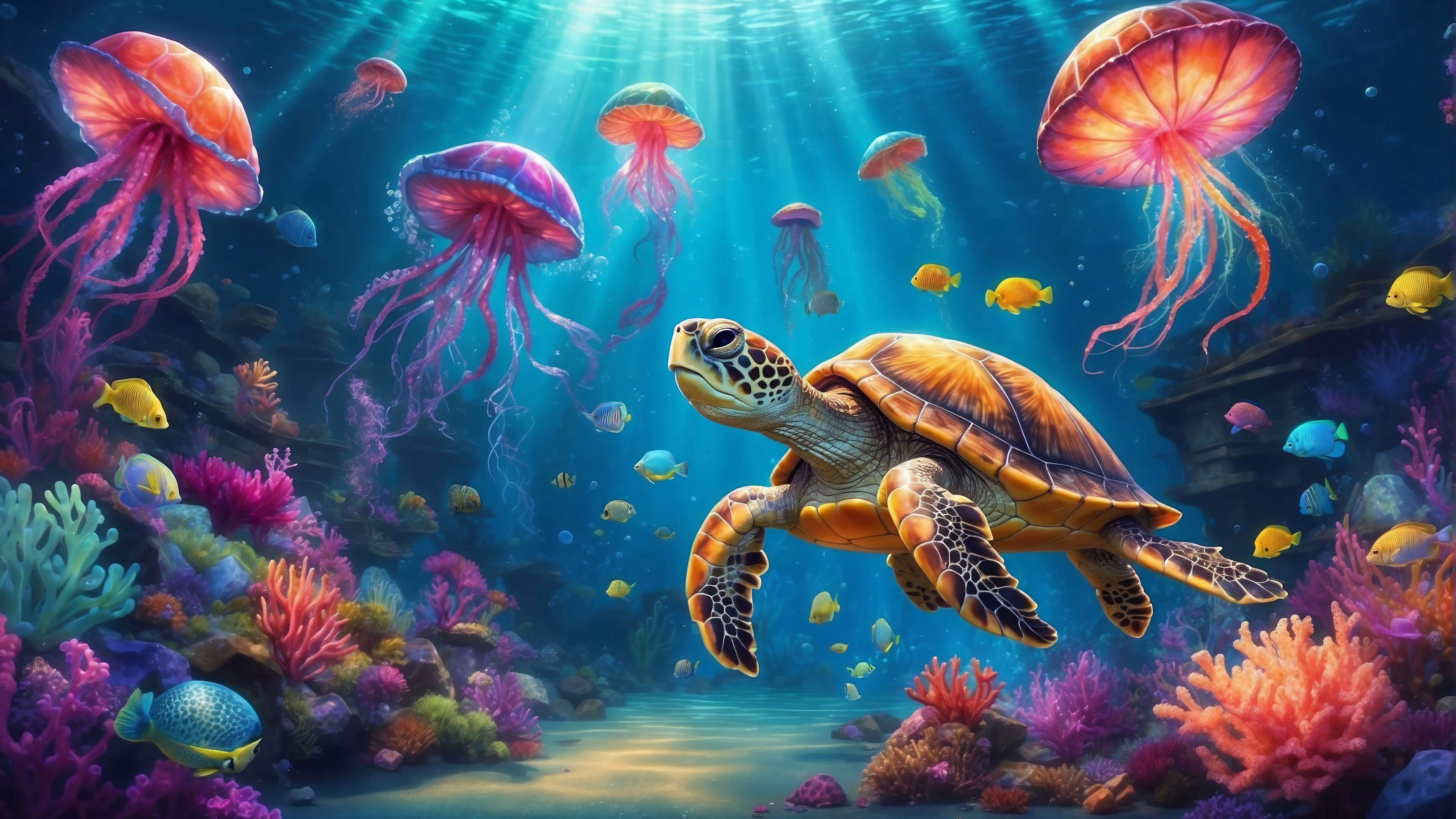 Colorful Underwater Scenery with Turtle and Jellyfish 4K HD Wallpaper