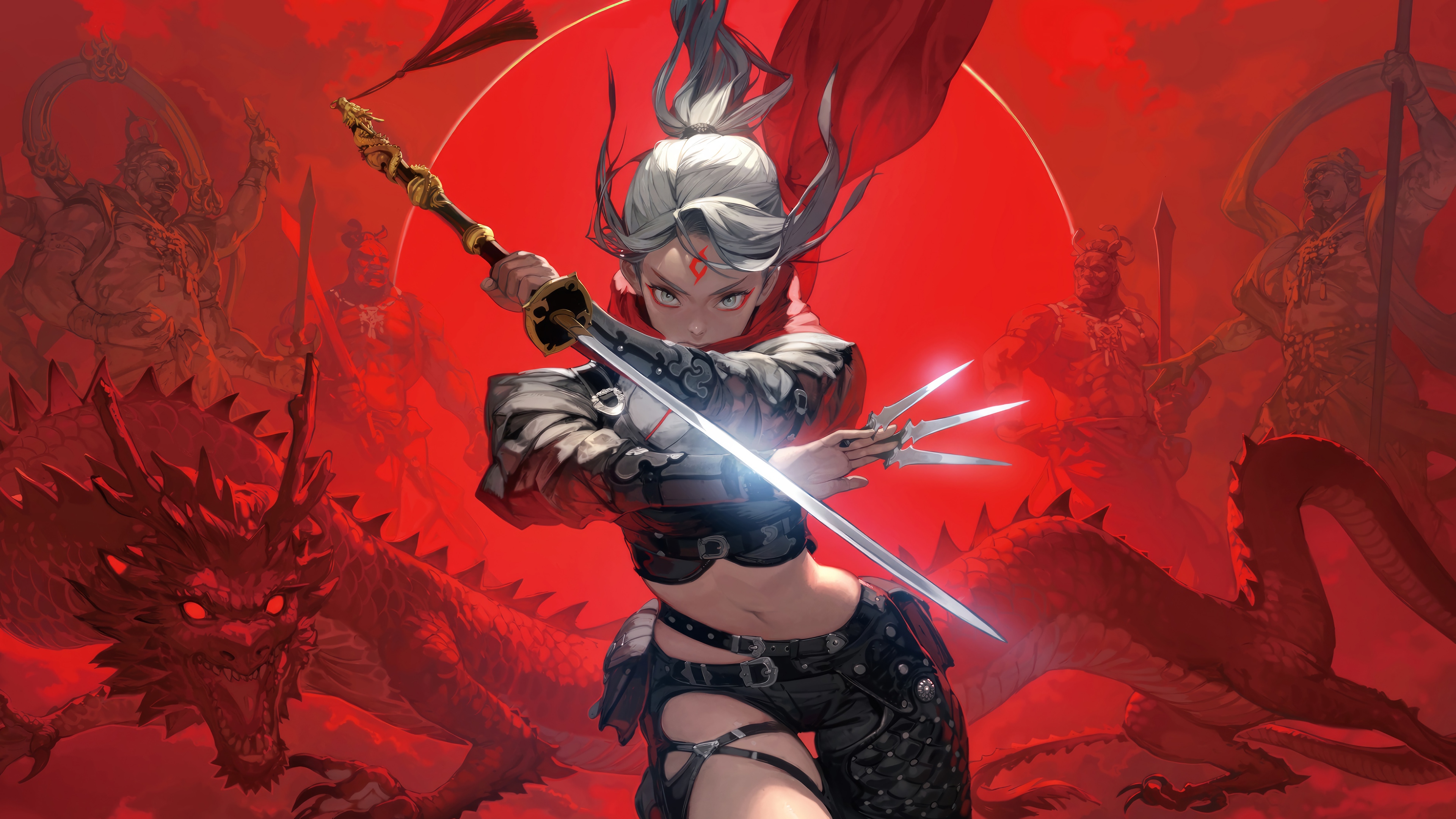 Fantasy Girl with Sword and Dragon 4K HD Wallpaper