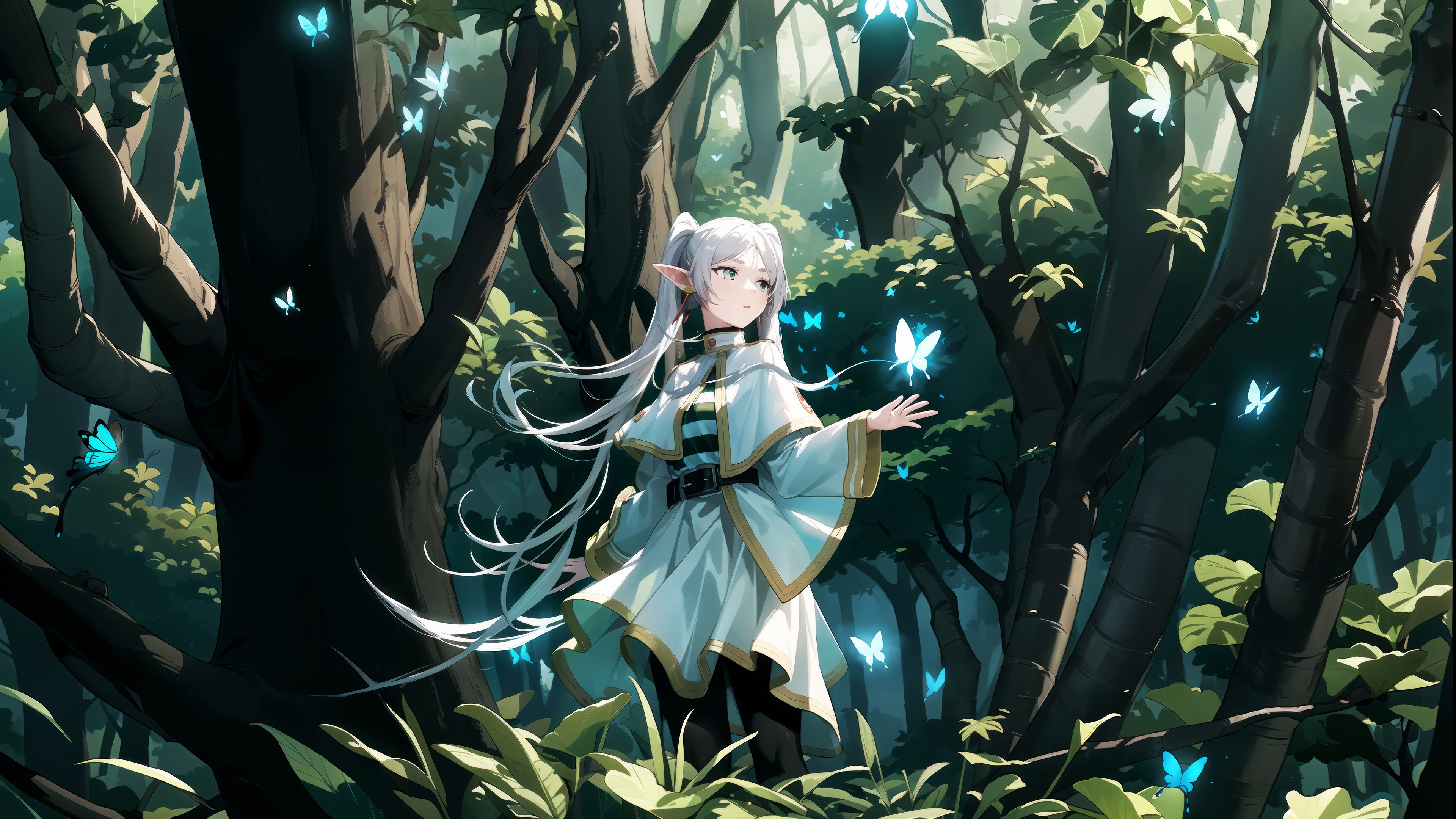 Frieren in a magical forest with blue butterflies HD Wallpaper