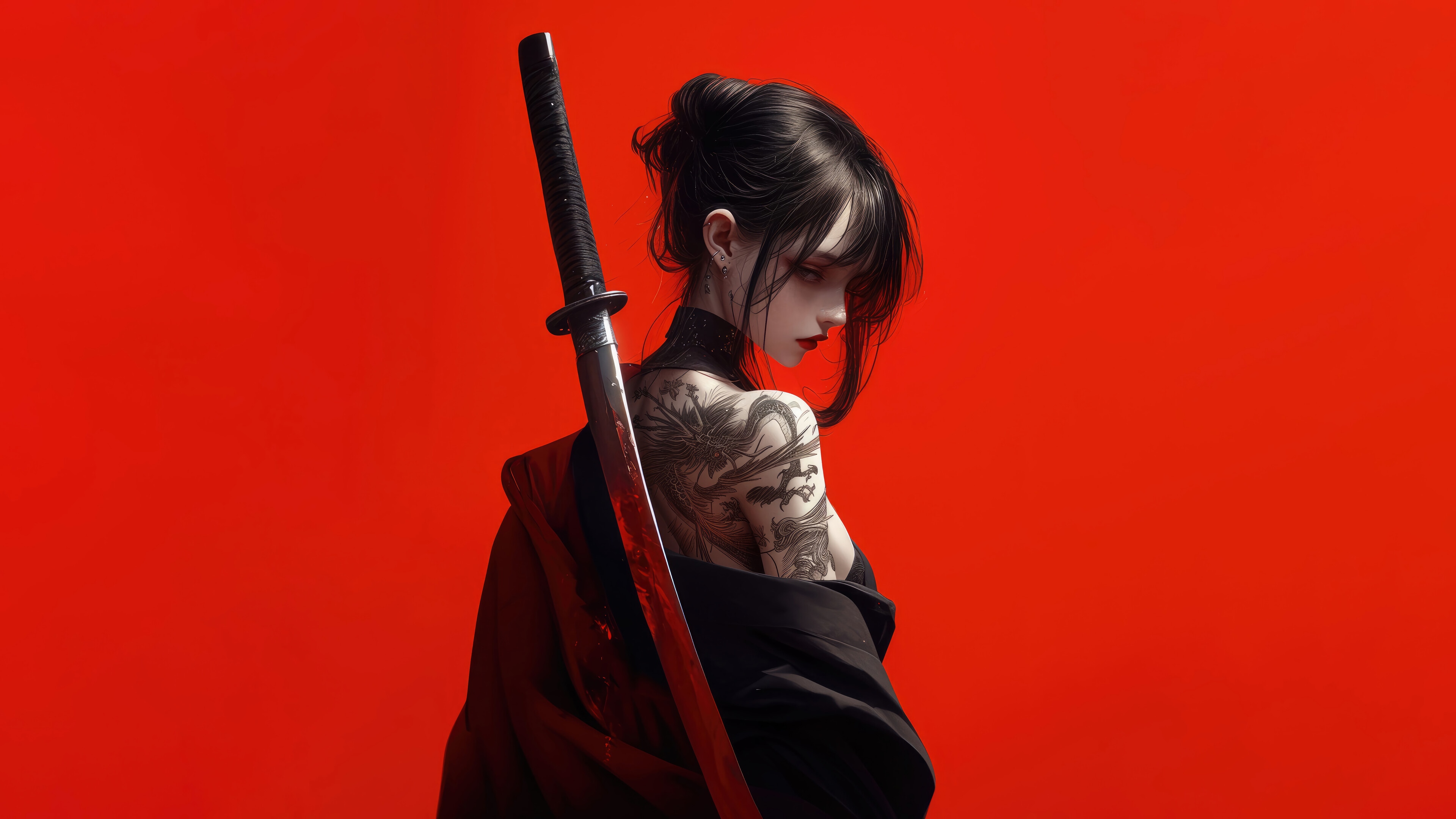 Anime girl with katana and dragon tattoo 4K HD Wallpaper