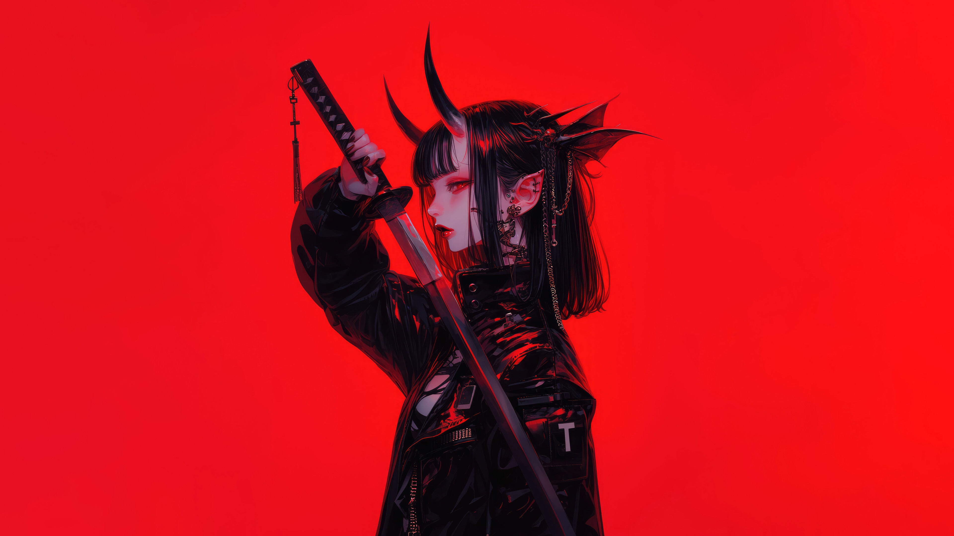 Anime Demon Girl with Katana 4K HD Wallpaper