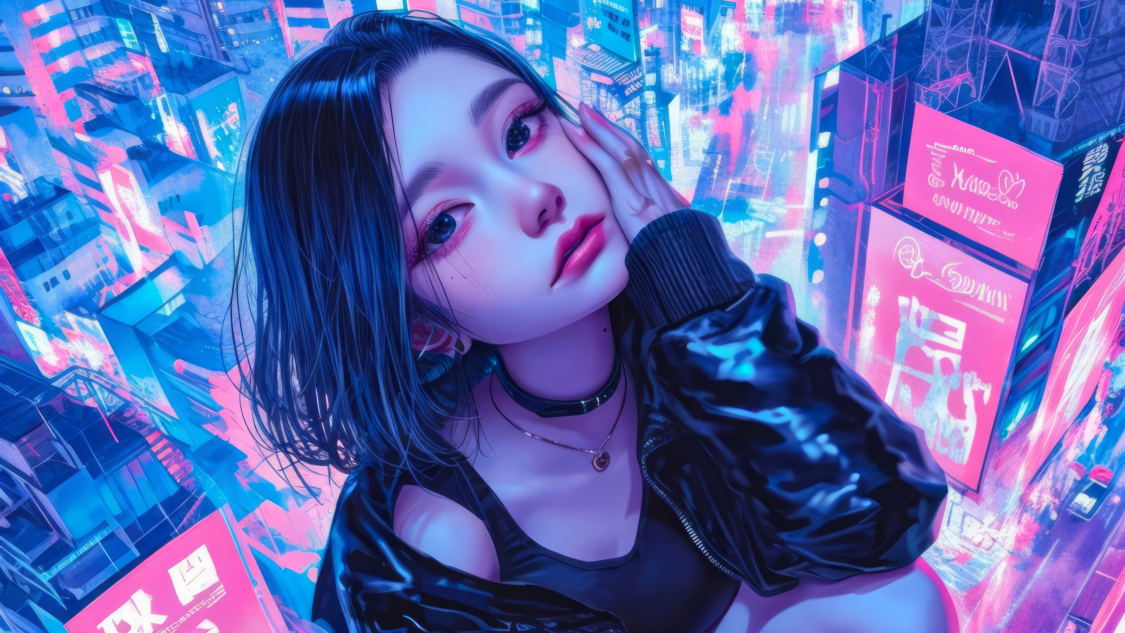 Anime Girl with Short Hair in a Neon Cityscape 4K HD Wallpaper