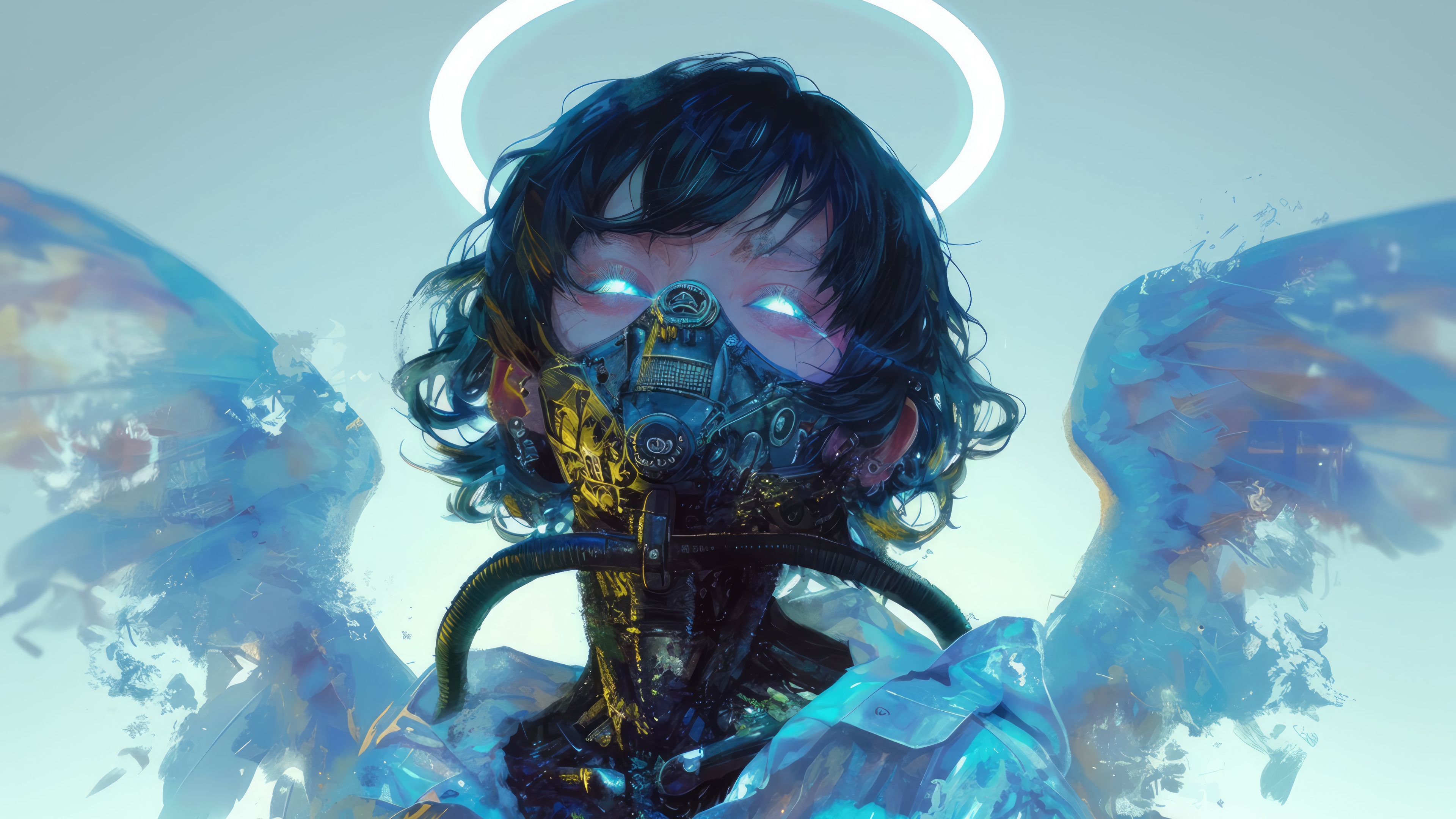 Cyberpunk Angel with Glowing Eyes and Mask 4K HD Wallpaper