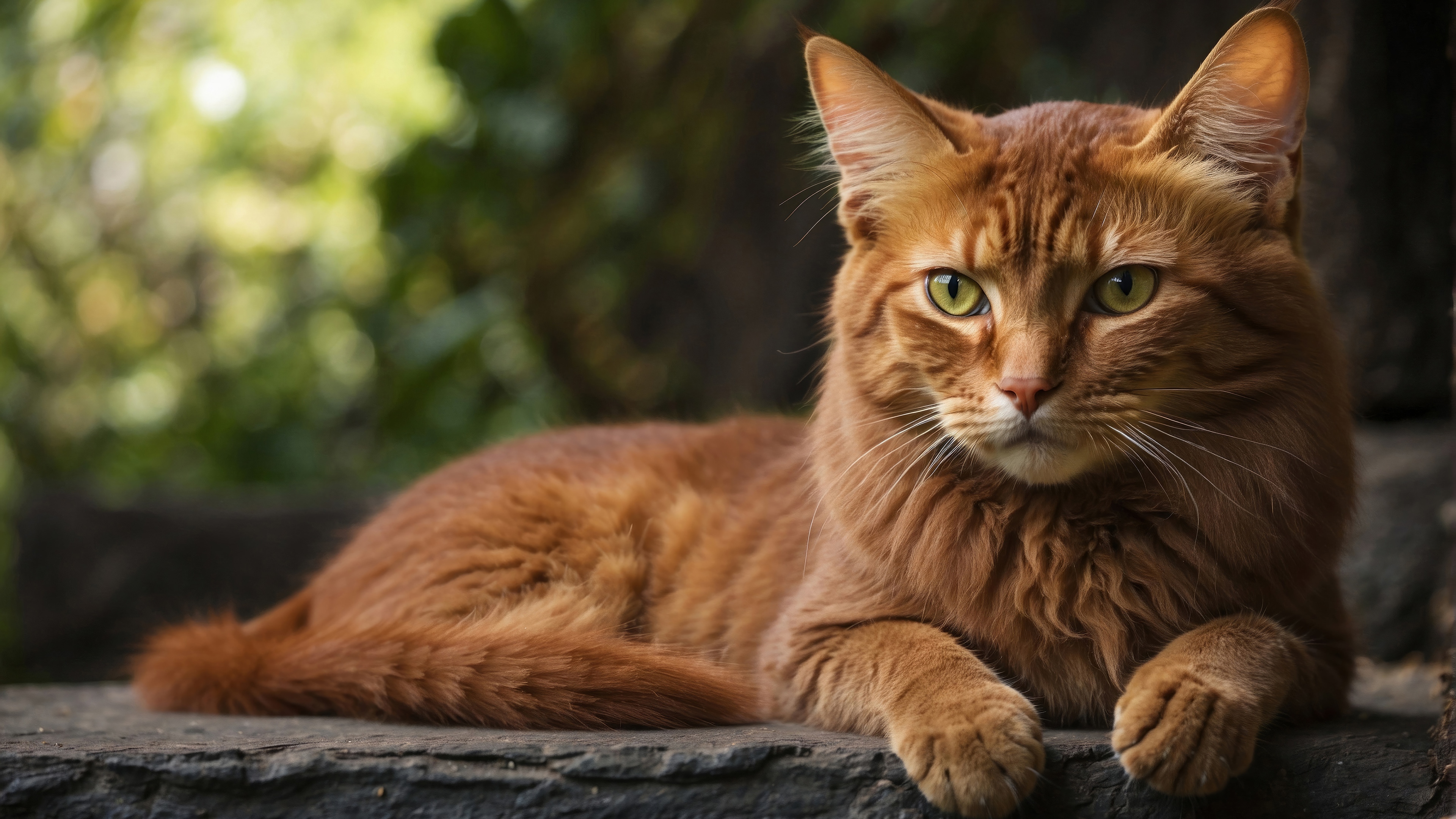 Orange cat with green eyes lying down HD Wallpaper