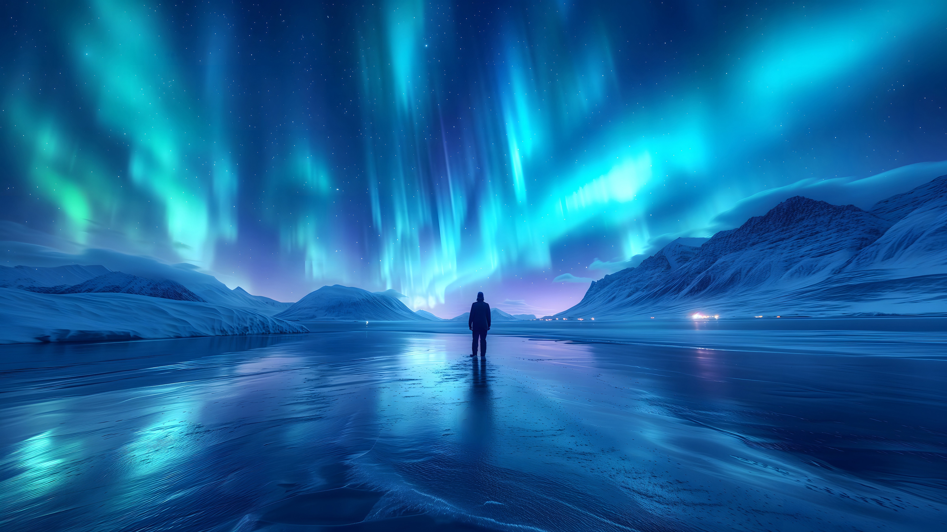 Man watches Northern Lights in snowy landscape 4K HD Wallpaper