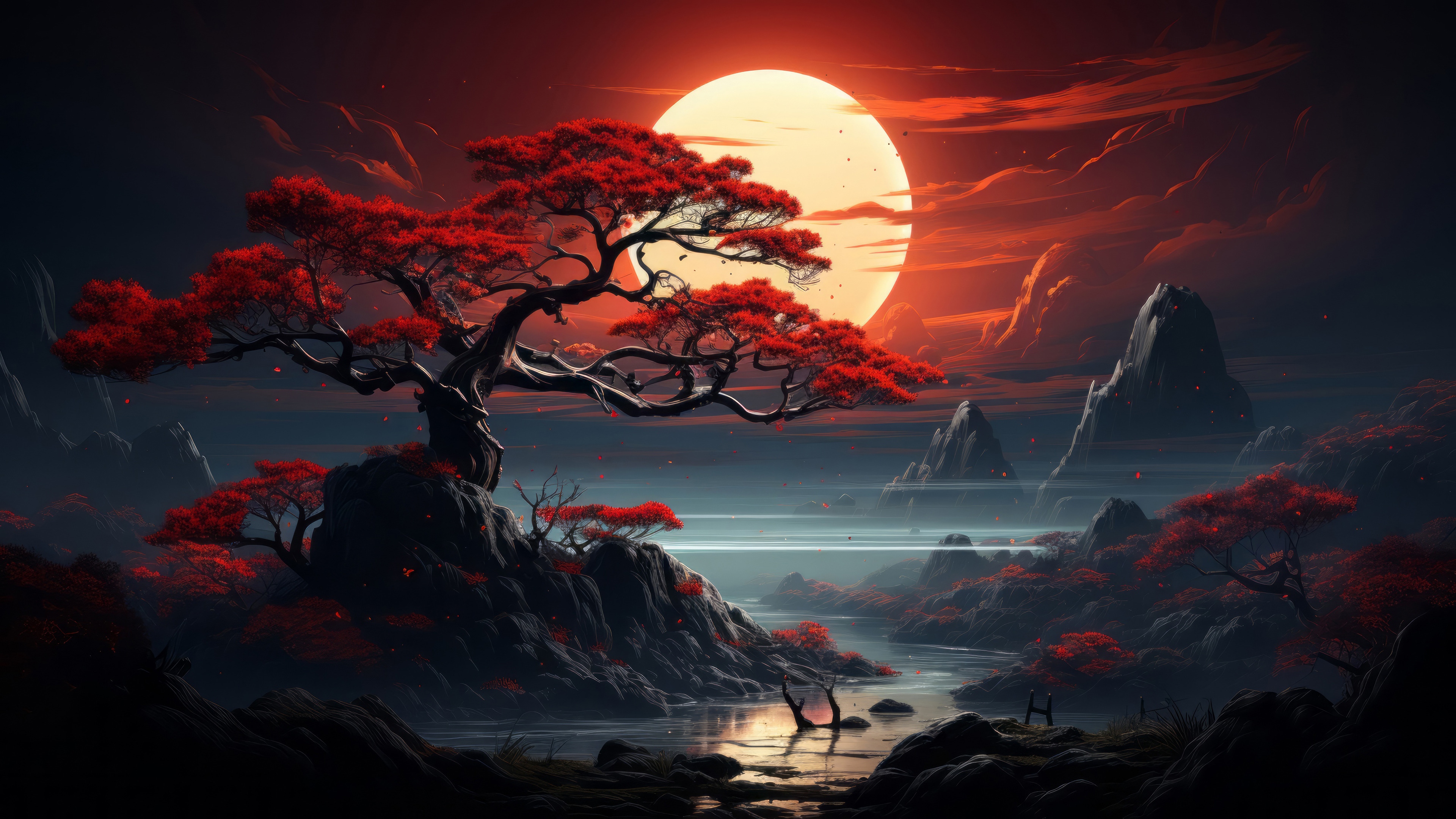 Japanese Tree under a Large Moon at Night HD Wallpaper