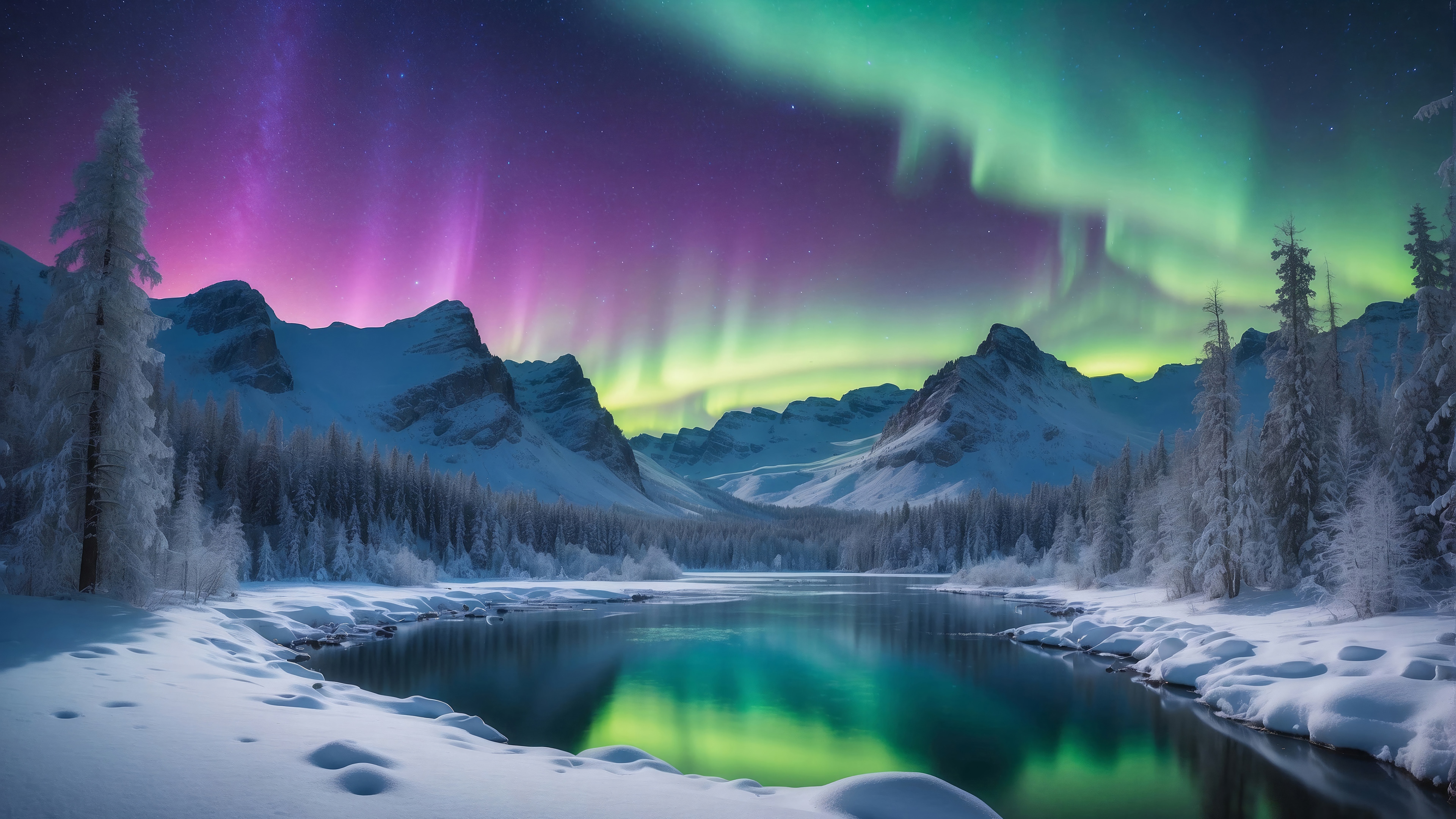 Winter Lake and Mountains Under Aurora Borealis 4K HD Wallpaper