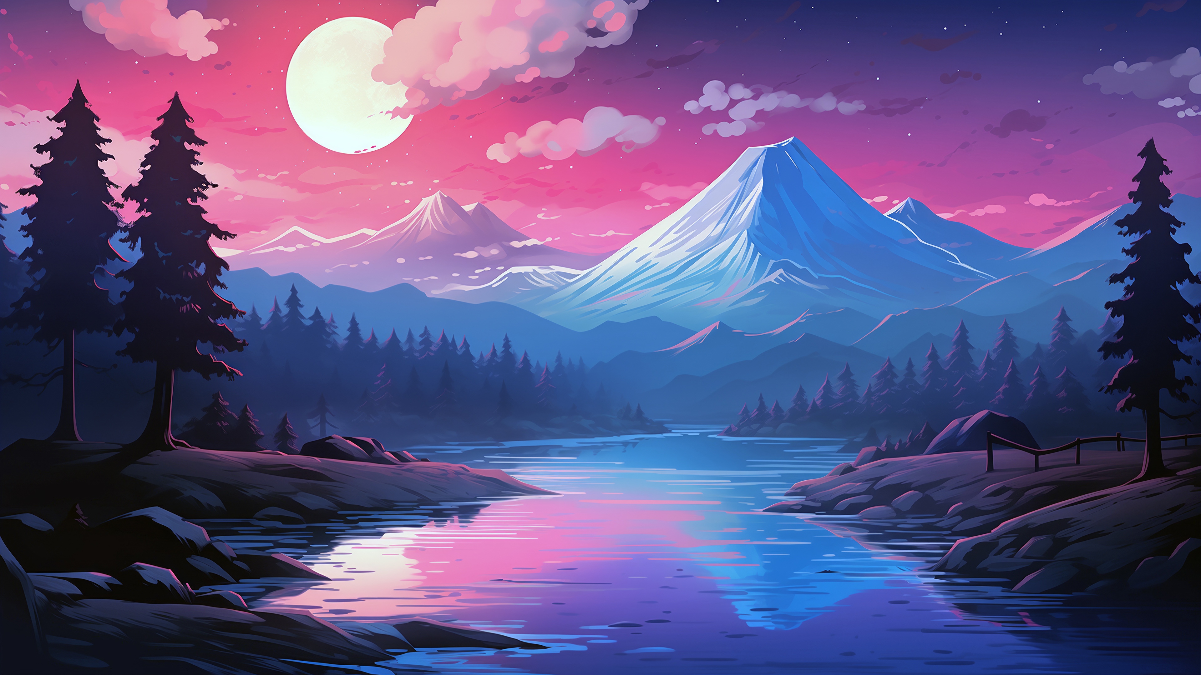 4K Night Scenery with Moon, River, and Mountains HD Wallpaper