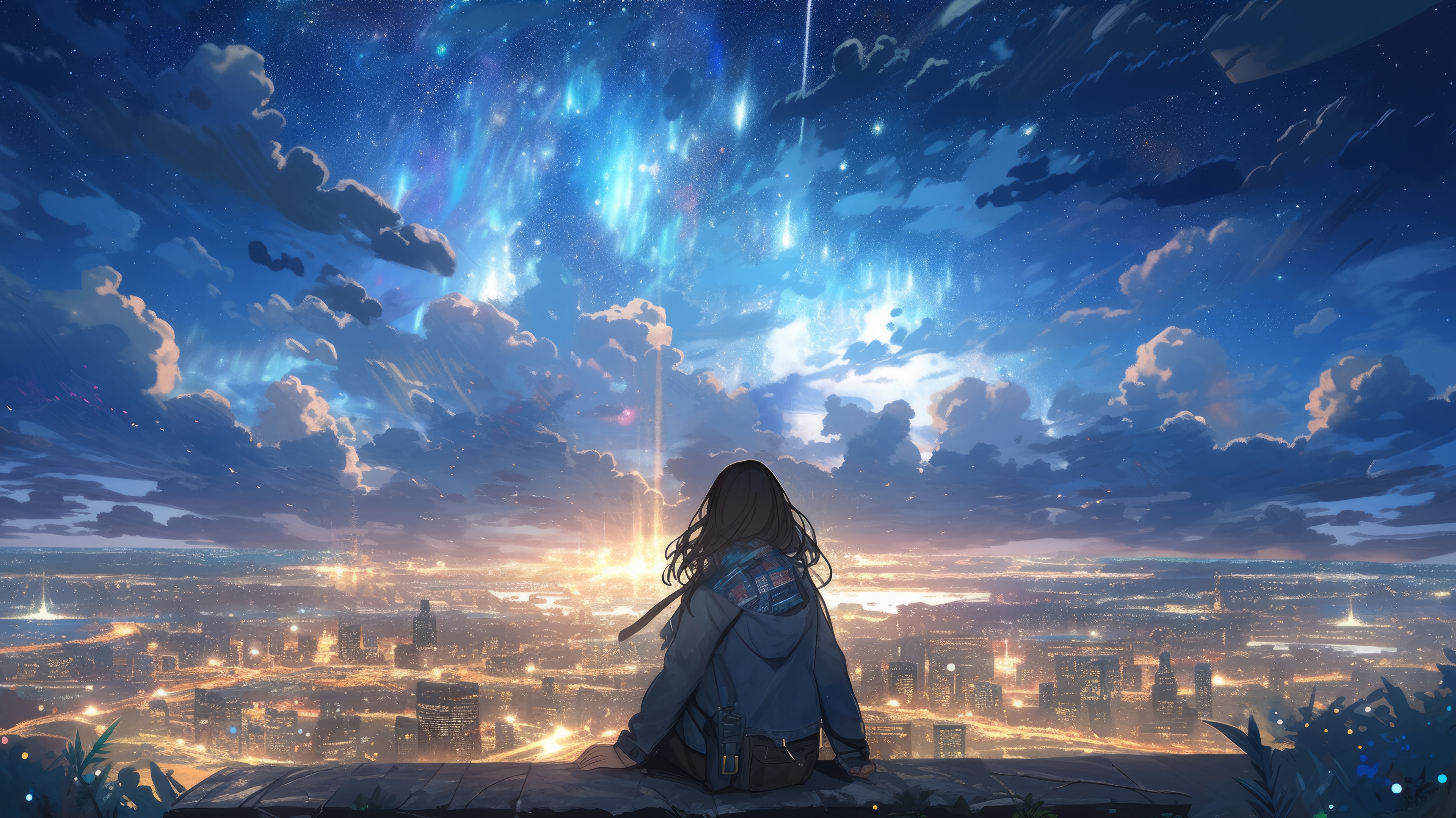 Anime Girl Watching a Cityscape Under a Starry Sky 4K HD Wallpaper