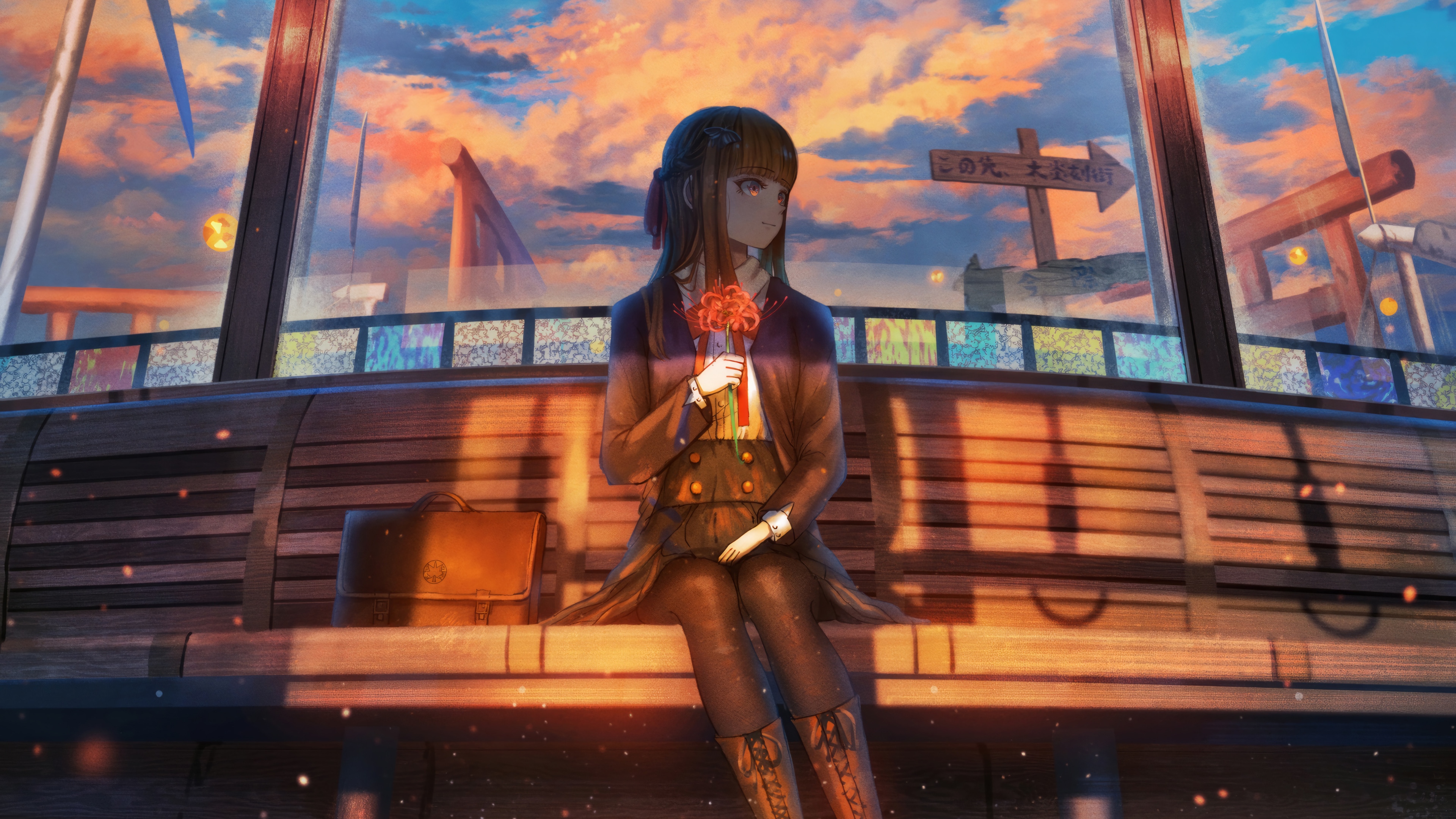Anime girl with flowers on a train at sunset 4K HD Wallpaper