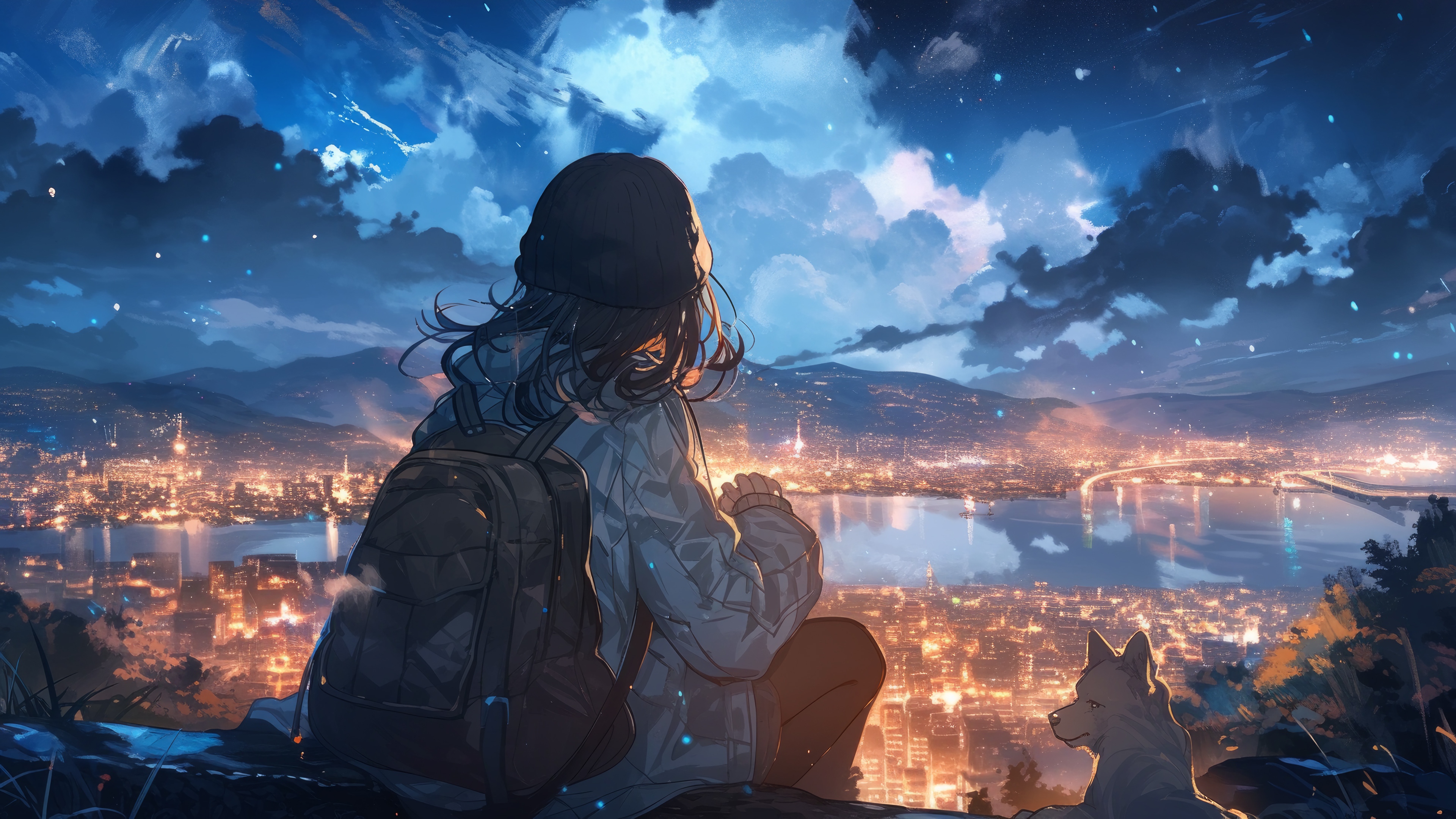 Anime girl and dog watching a city at night 4K HD Wallpaper