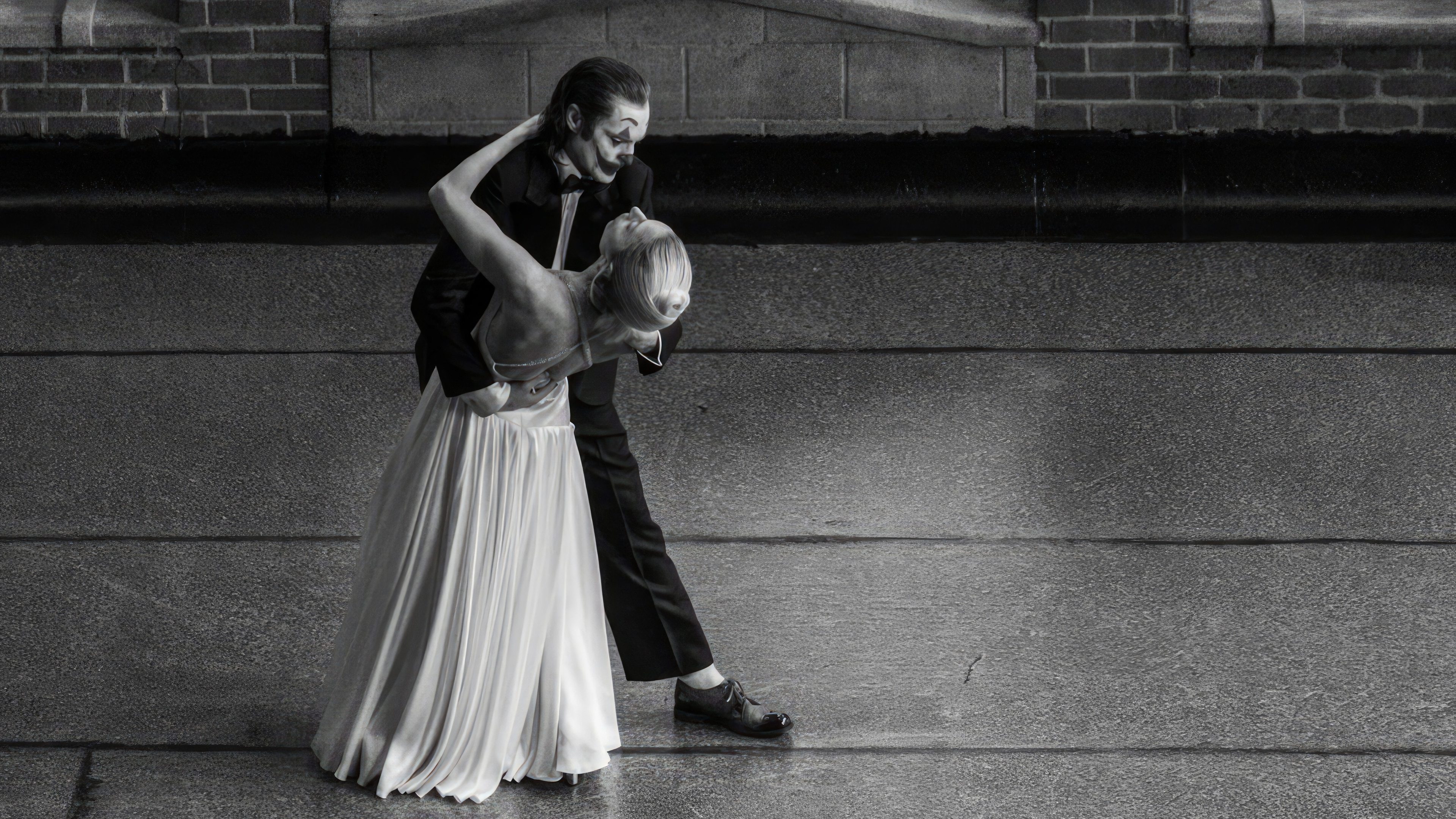 Joker and Harley Quinn dancing in black and white 4K HD Wallpaper