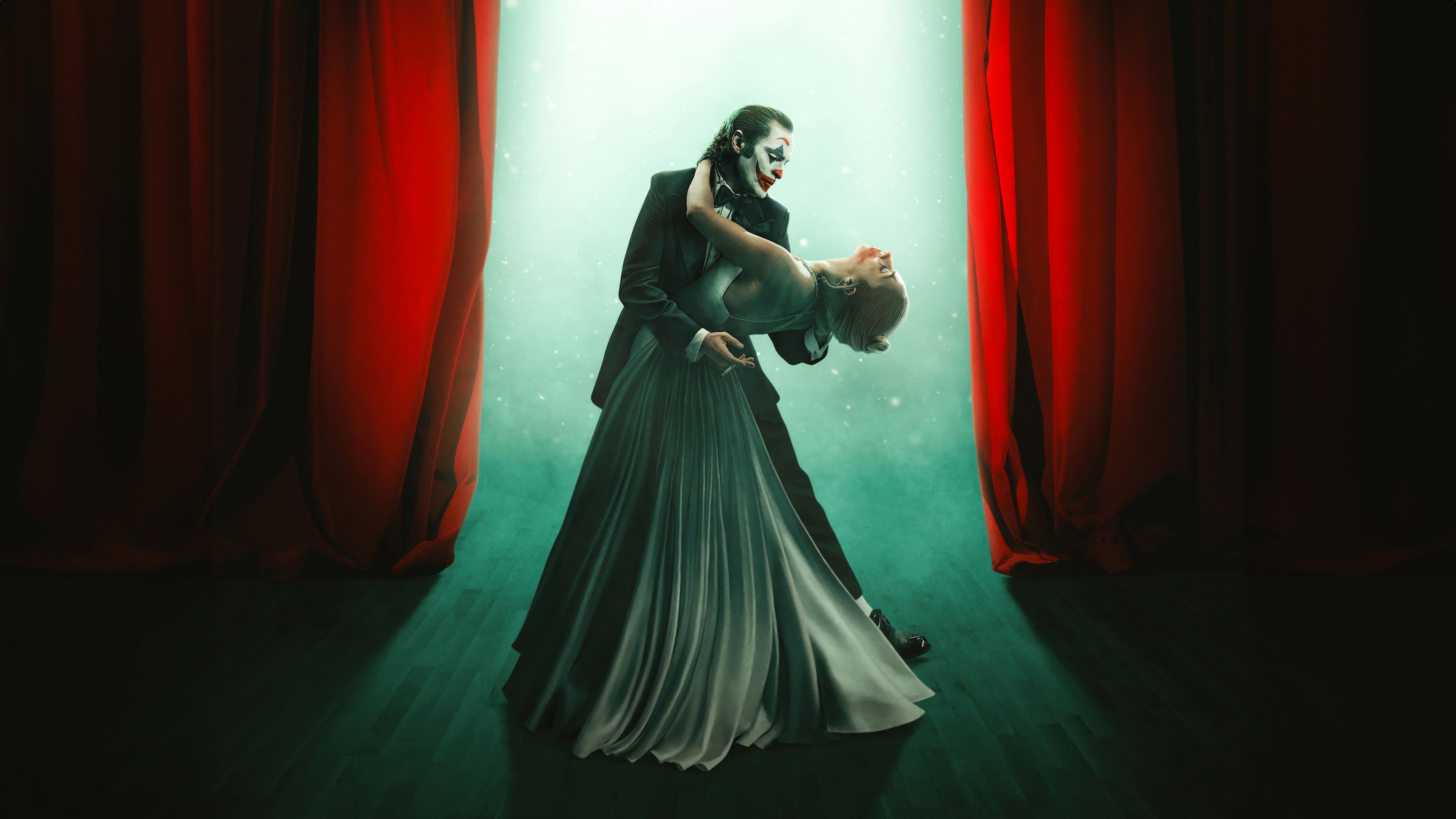 Joker and Harley Quinn dancing on stage HD Wallpaper