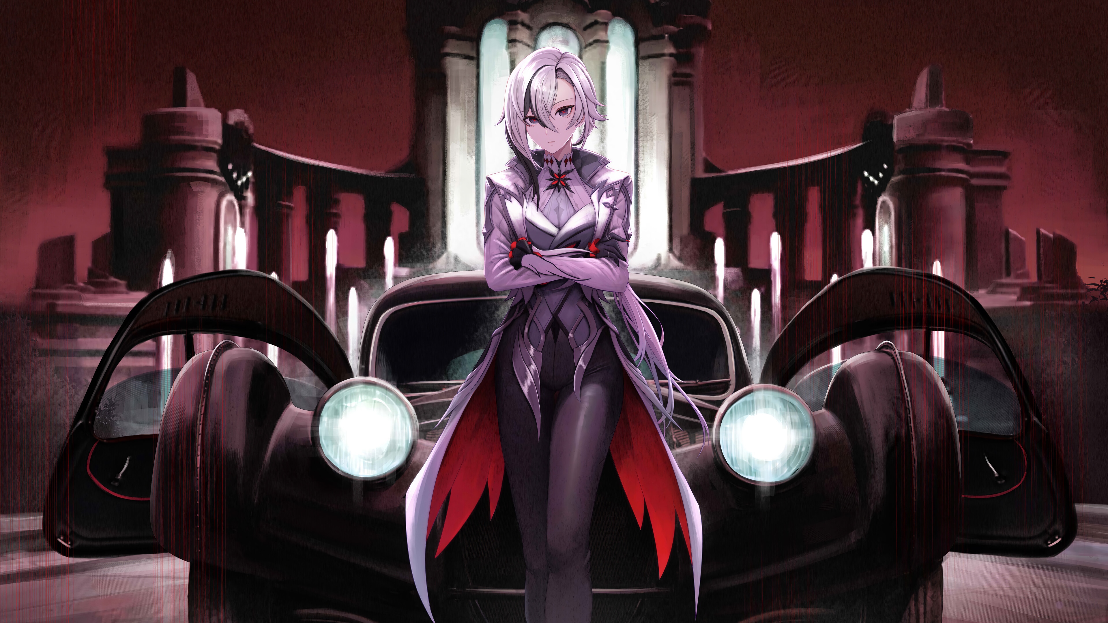 Arlecchino from Genshin Impact with a vintage car HD Wallpaper