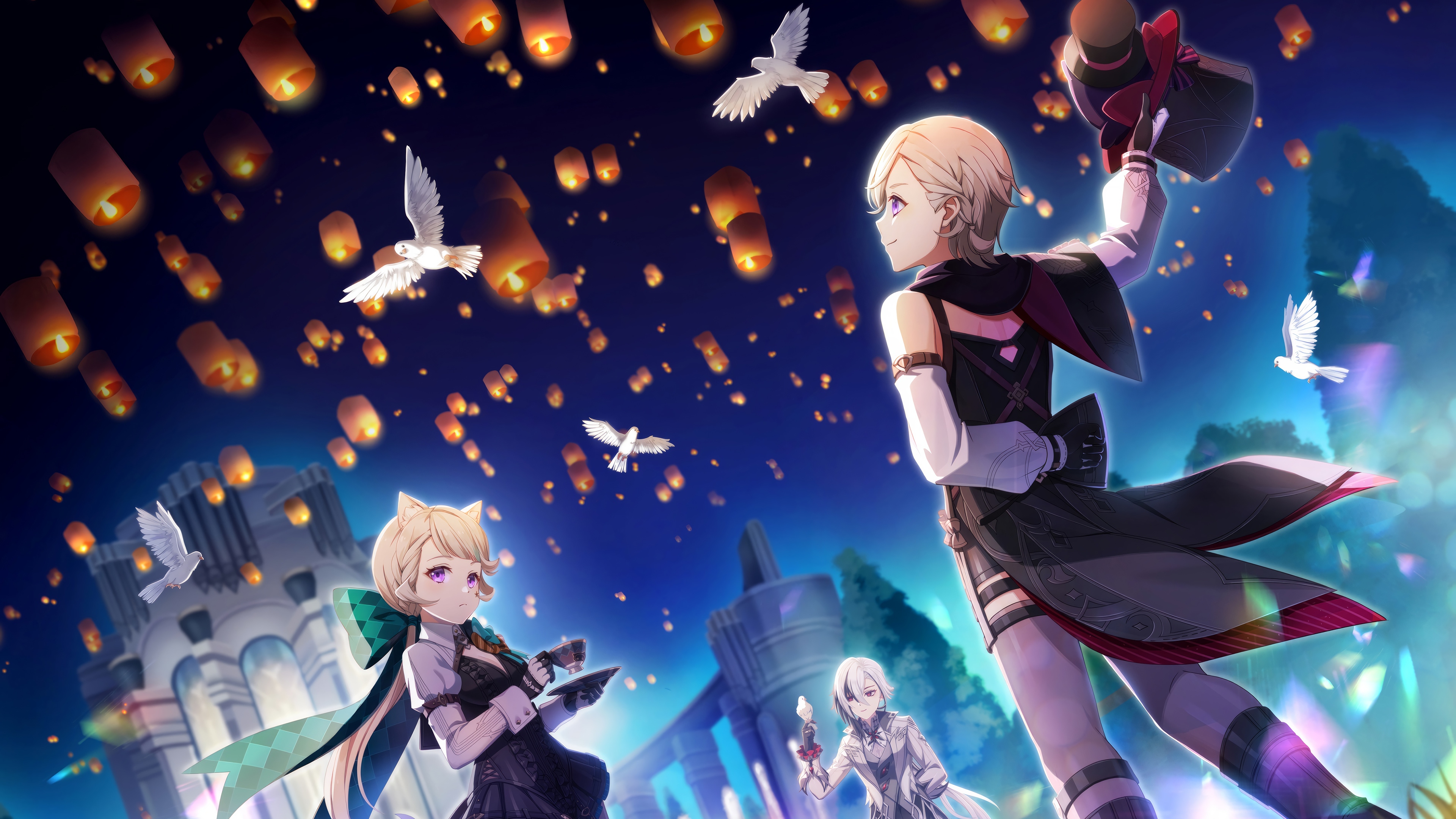 Genshin Impact: Lyney and Lynette with Lanterns HD Wallpaper