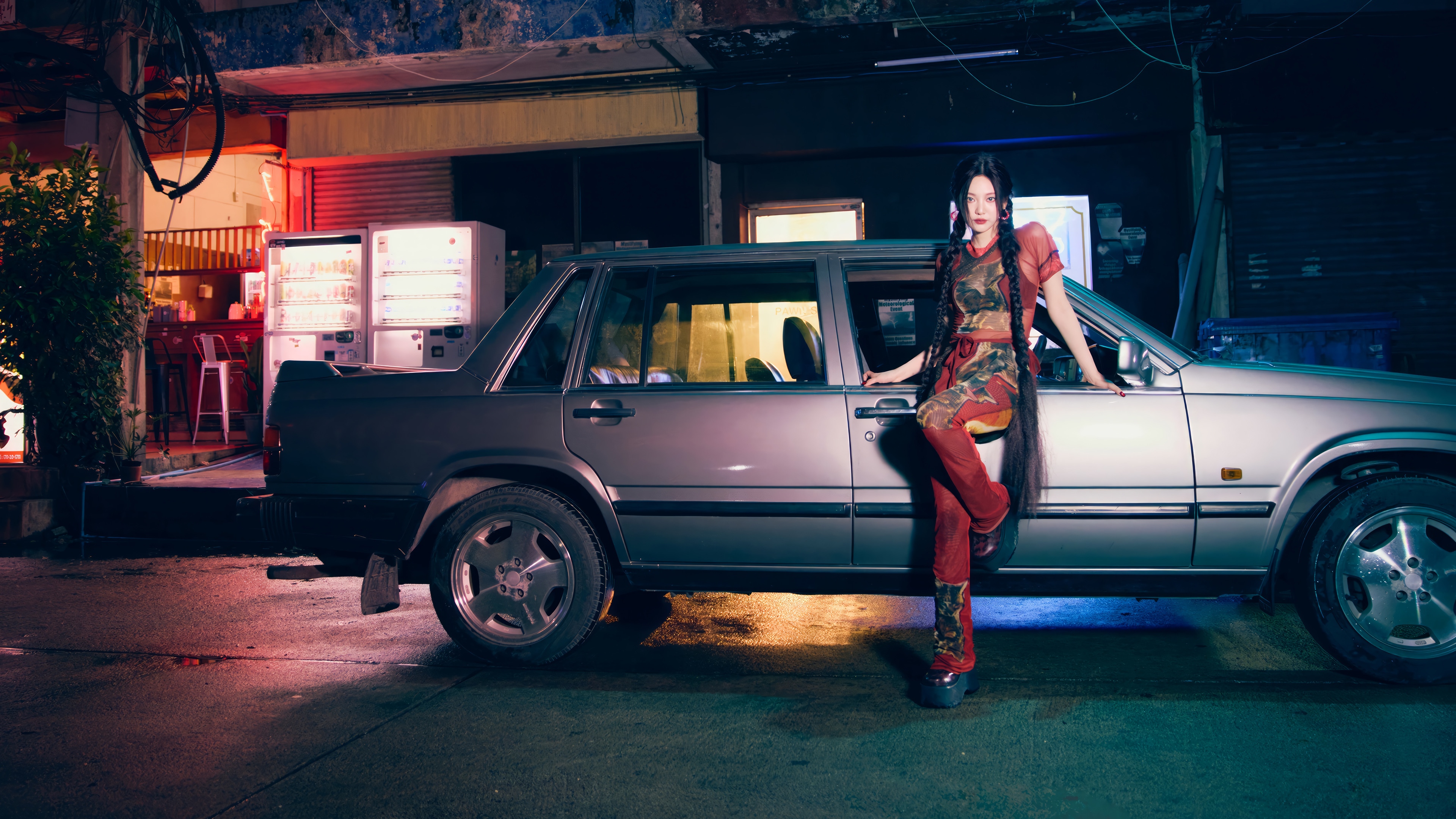 Ningning from Aespa poses by a car at night HD Wallpaper