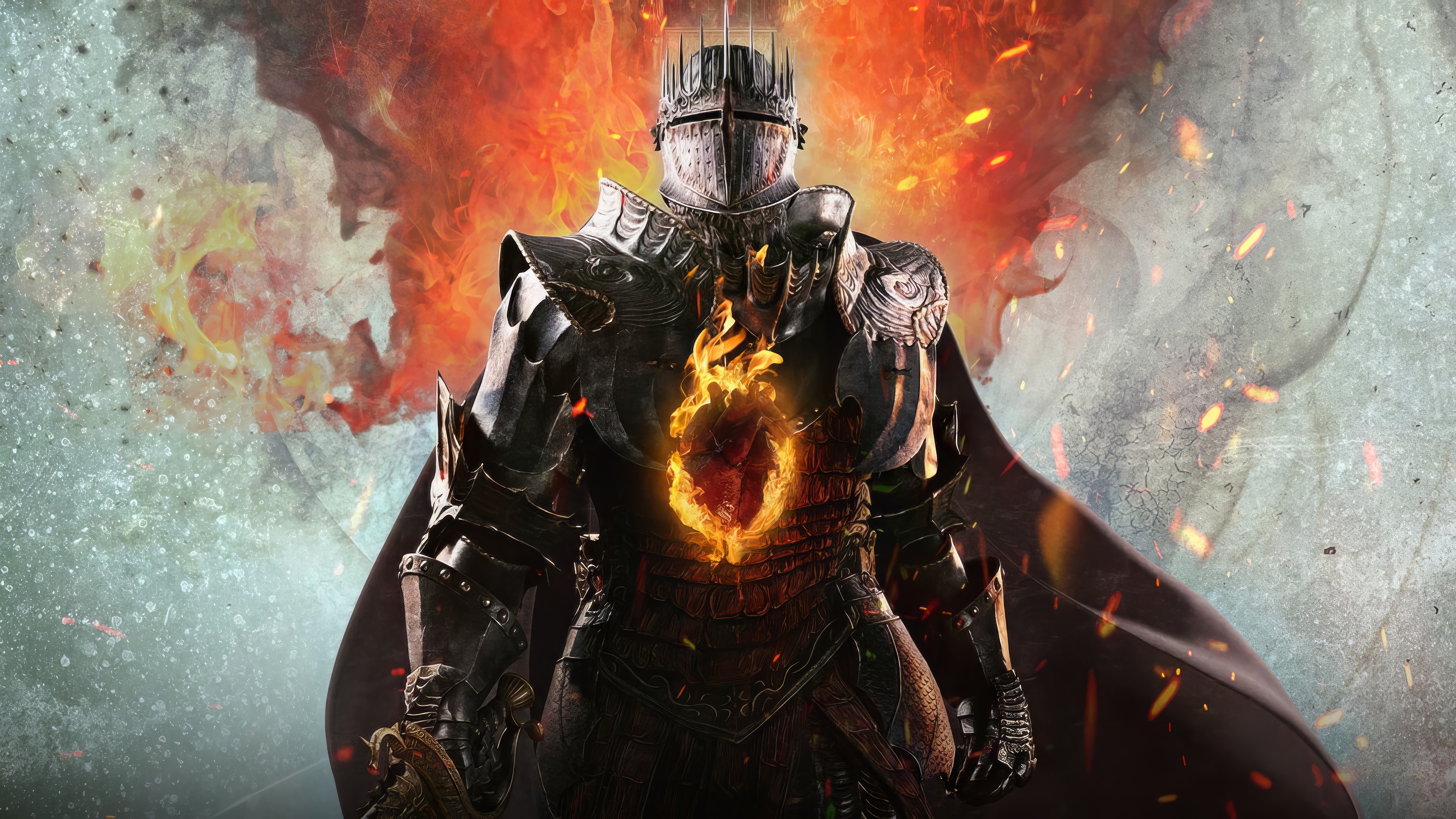 Knight with flaming heart in armor HD Wallpaper
