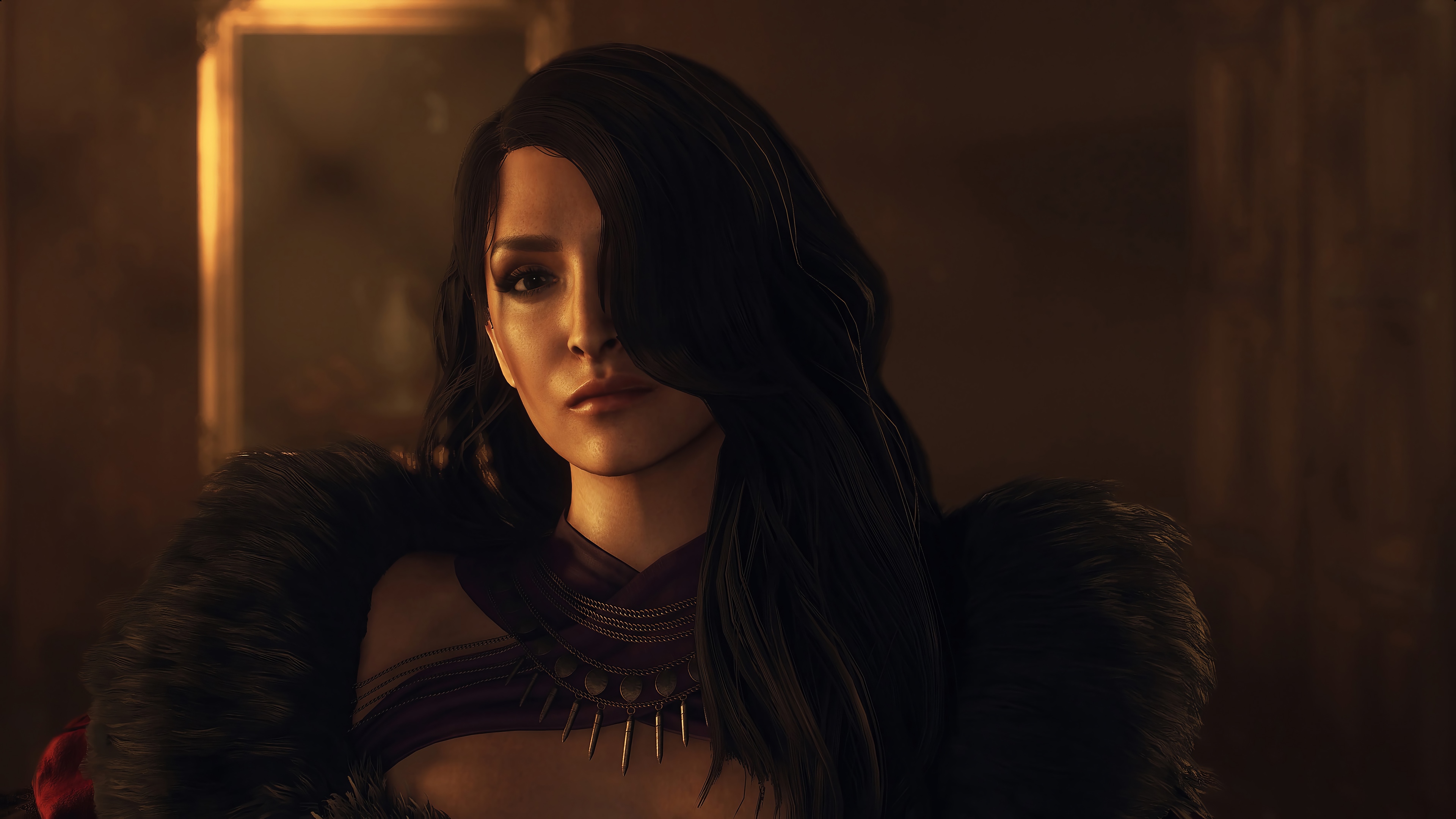 Woman with dark hair and fur collar HD Wallpaper