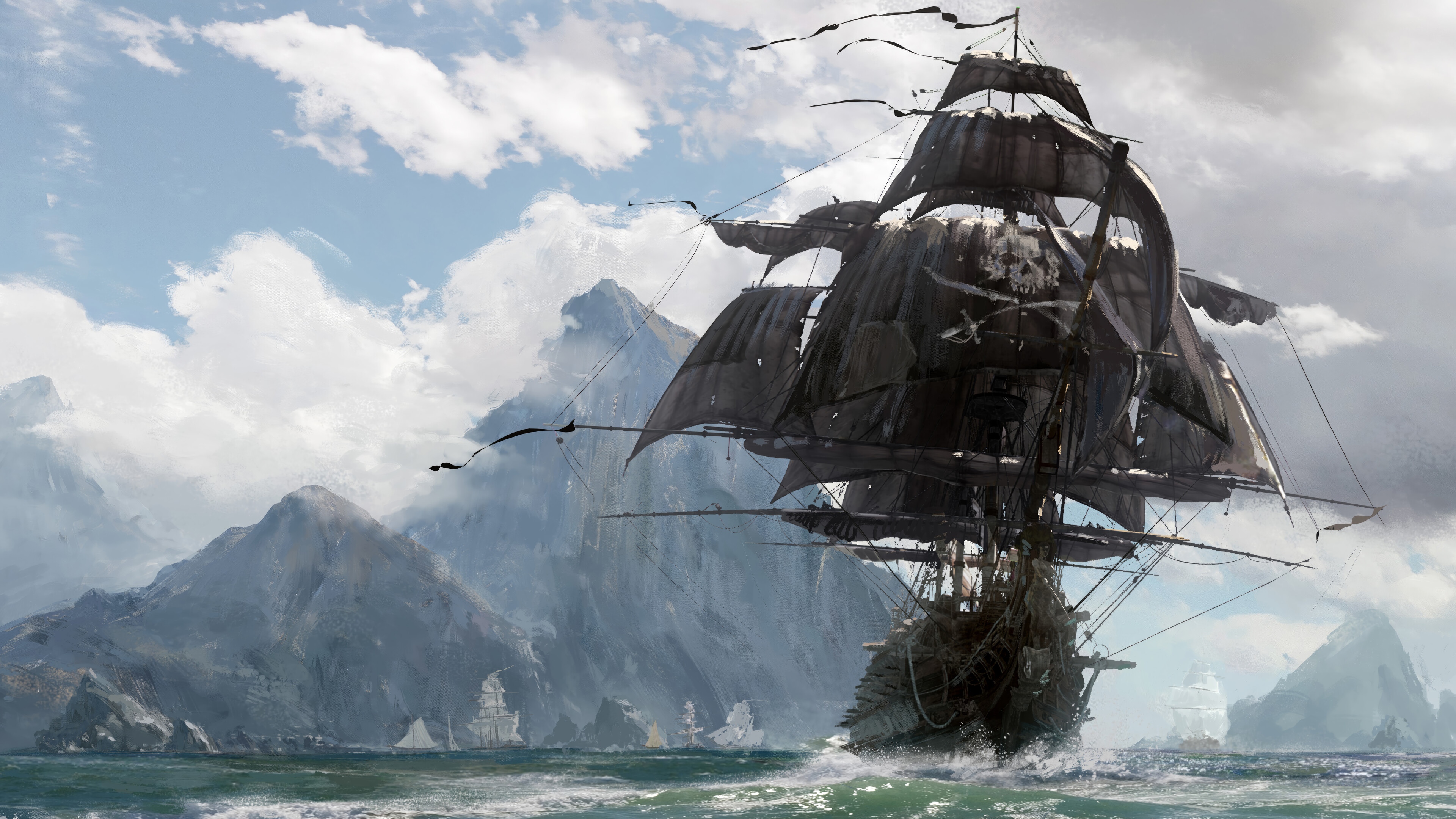 Pirate Ship with Skull and Bones Flag in 4K HD Wallpaper