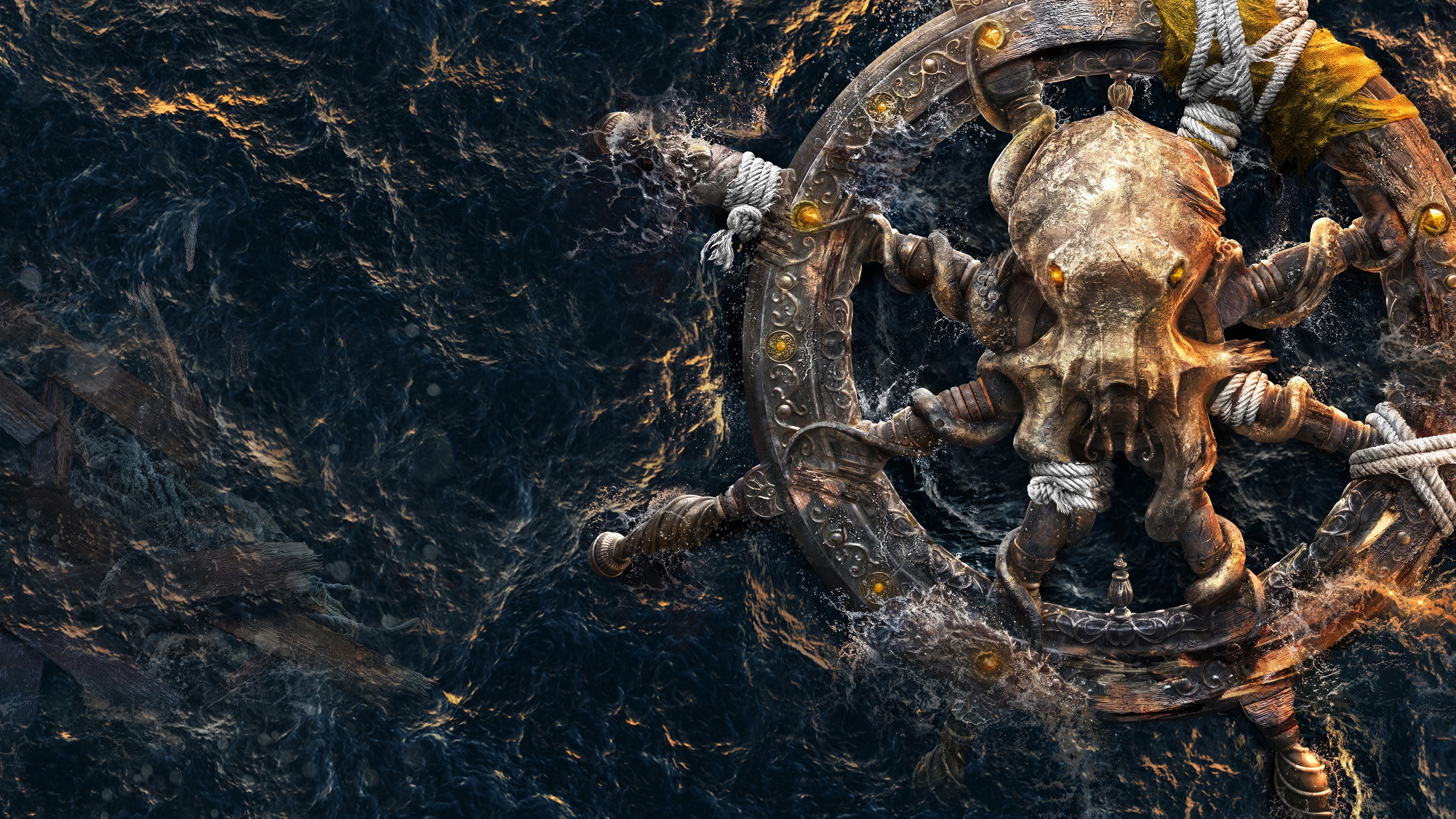 Kraken and Ship's Wheel in the Ocean 4K HD Wallpaper