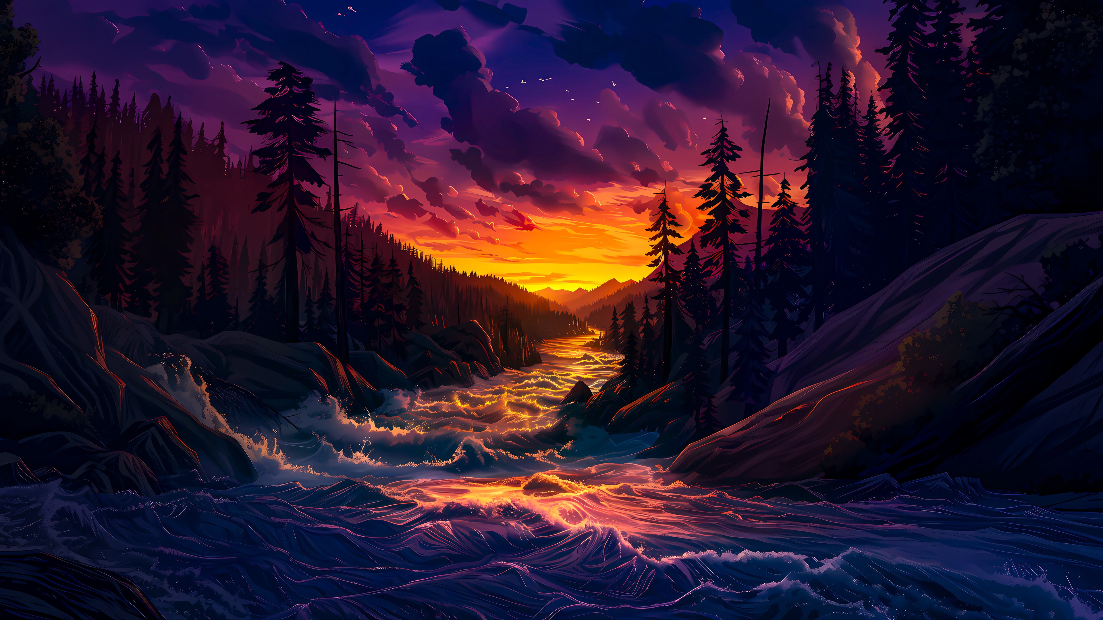 Sunset over a river in a forest, digital art 4K HD Wallpaper